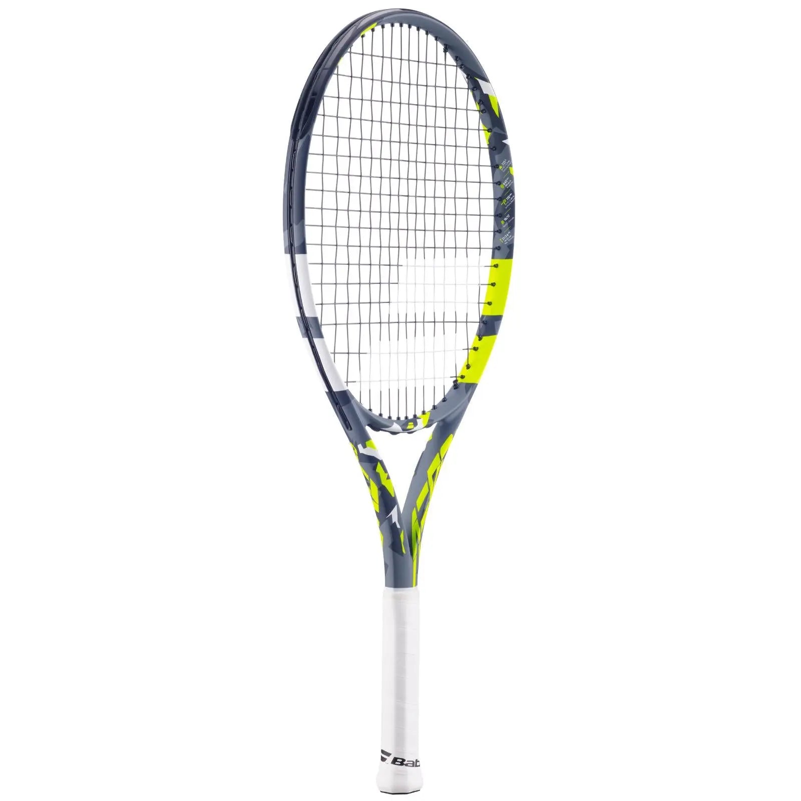 Babolat Aero Junior 25 tennis racquet with gray, yellow, and white design, white grip.