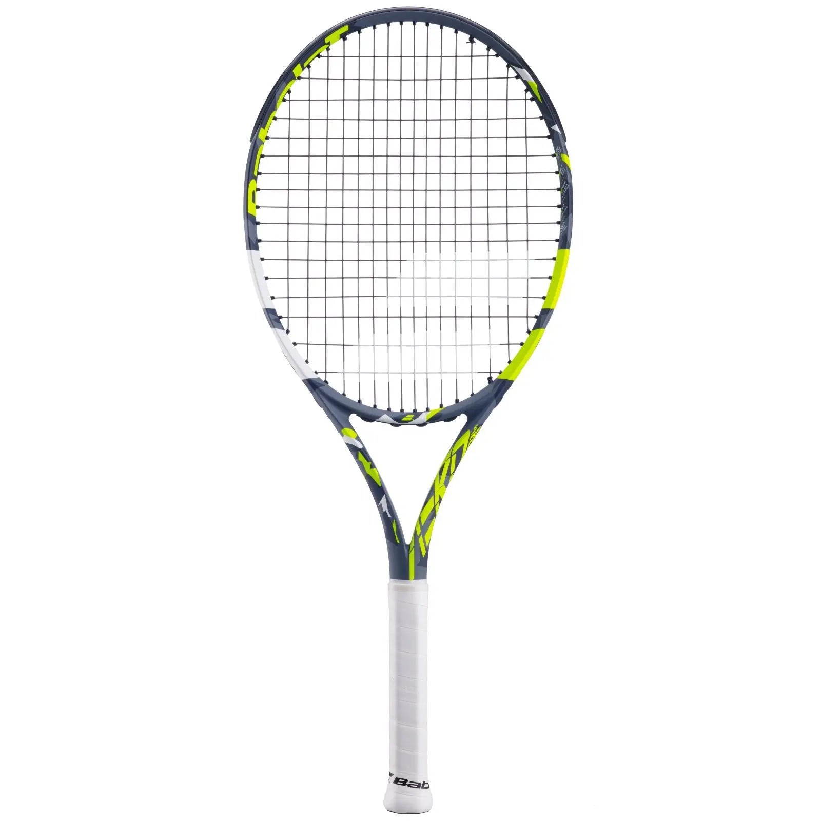 Babolat Aero Junior 26 tennis racquet, dark grey with neon yellow accents and white grip.