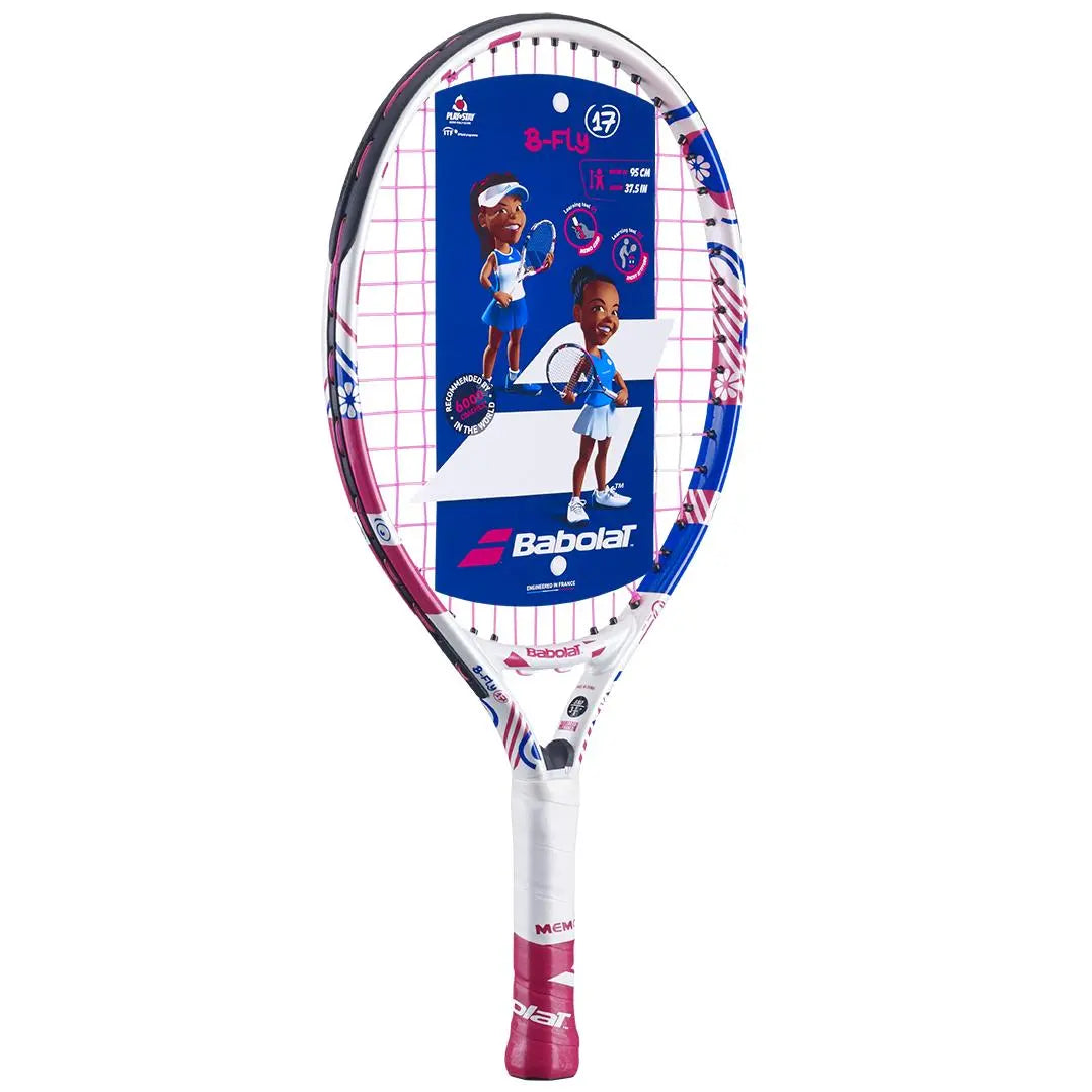 Babolat B'Fly 17 junior tennis racquet, white, pink, and blue with a colorful, kid-friendly design.