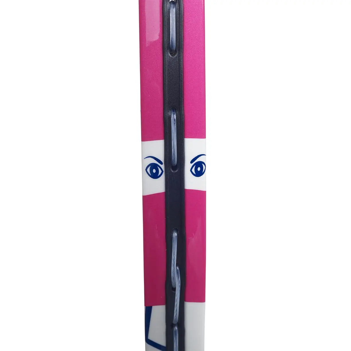 Pink Babolat B'Fly 23 junior tennis racquet frame with blue strings and eye graphic.