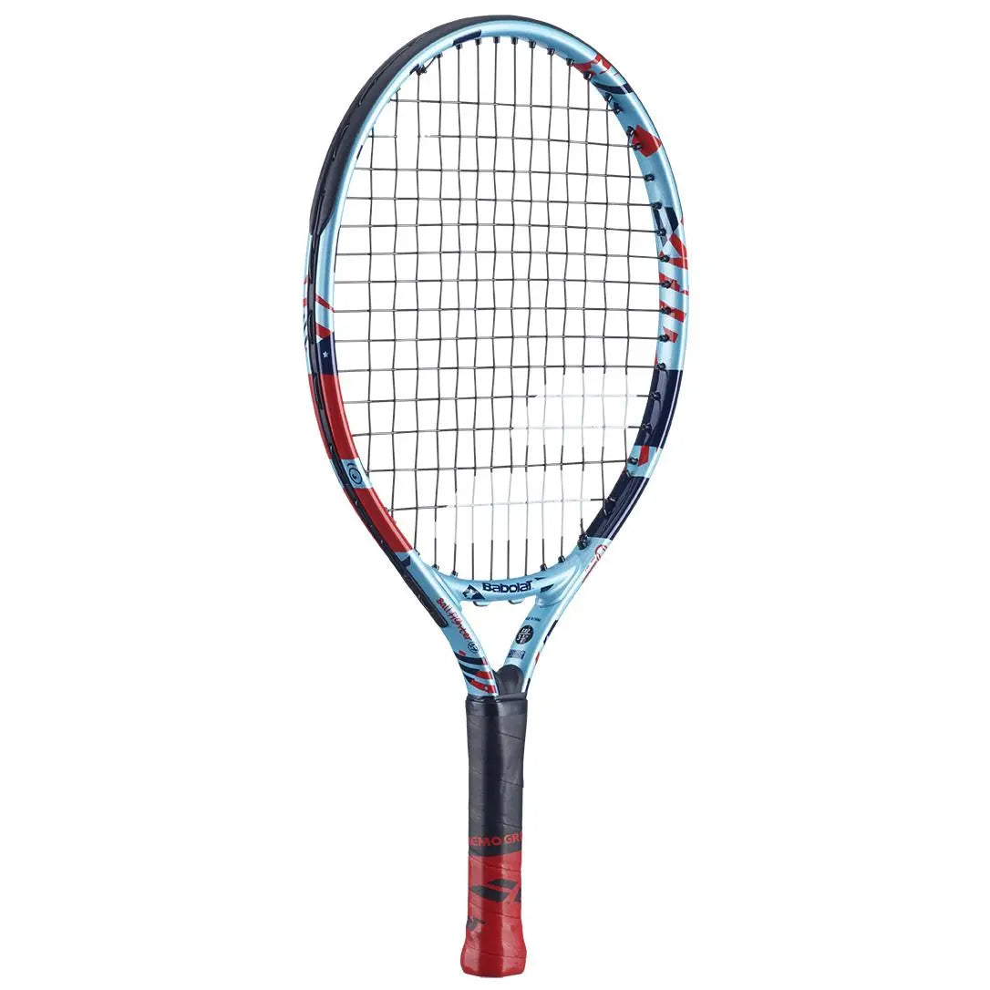 Babolat Ballfighter 17 junior tennis racquet, light blue, red, and navy with a black grip.