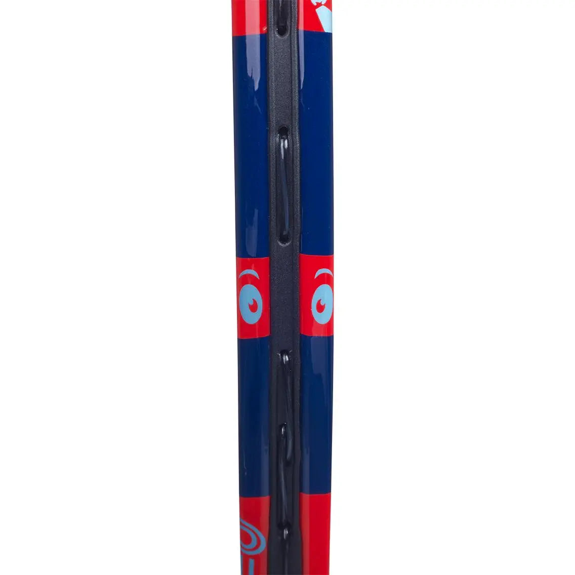 Close-up of a dark blue Babolat Ballfighter 19 junior tennis racquet frame with red accents and blue eye graphics.