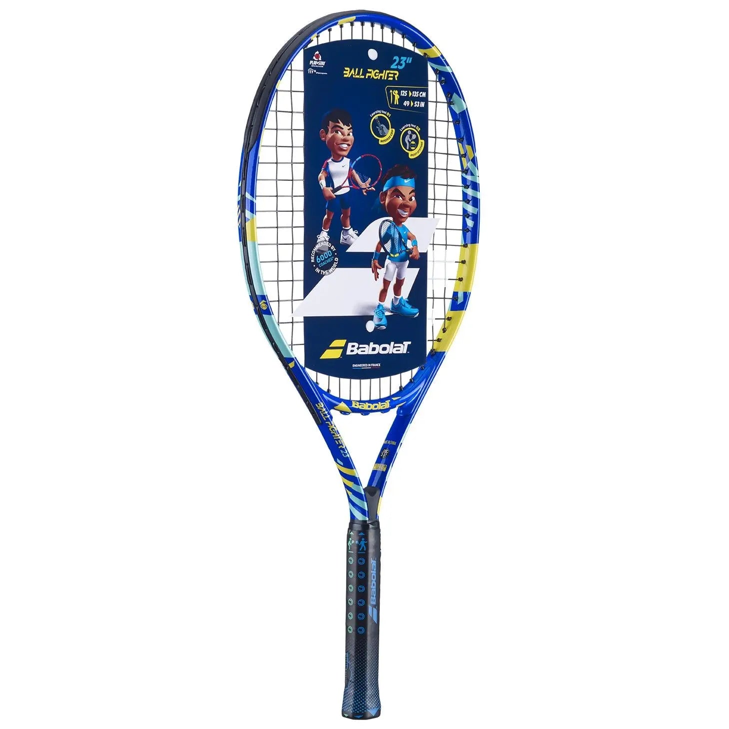 Babolat Ballfighter 23 junior tennis racquet, blue and yellow with black grip, 23-inch length.