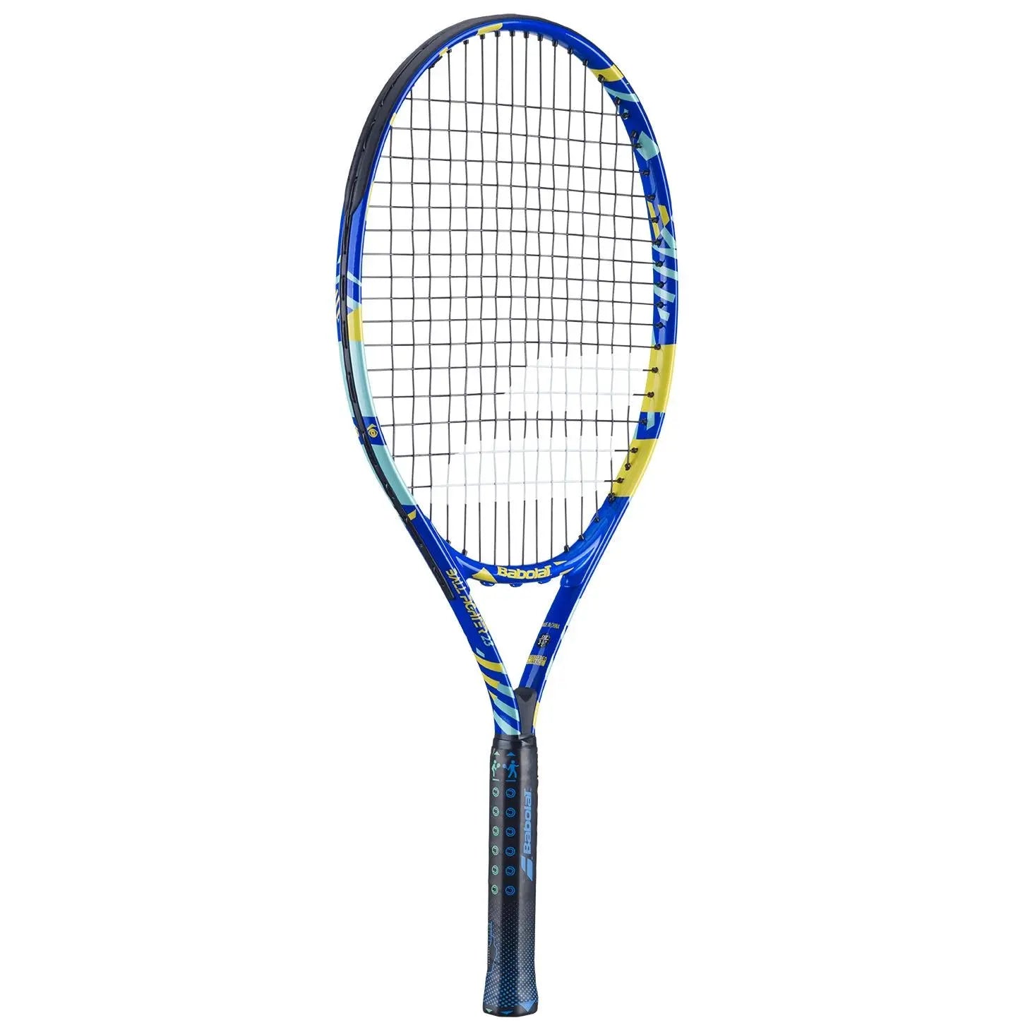 Babolat Ballfighter 23 junior tennis racquet, blue with yellow and light blue accents, black grip.