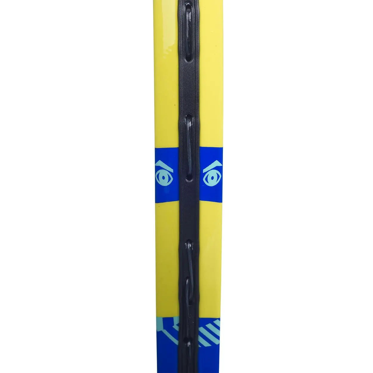 Close-up of a yellow Babolat Ballfighter 23 junior tennis racquet frame with blue eye graphics.