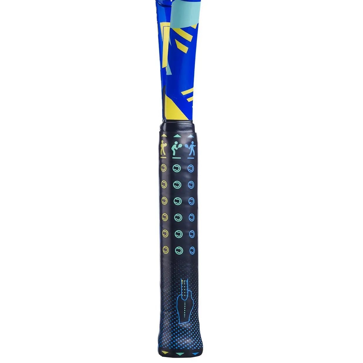 Close-up of a Babolat Ballfighter 23 junior tennis racquet handle with black grip and blue, yellow, and light blue shaft design.