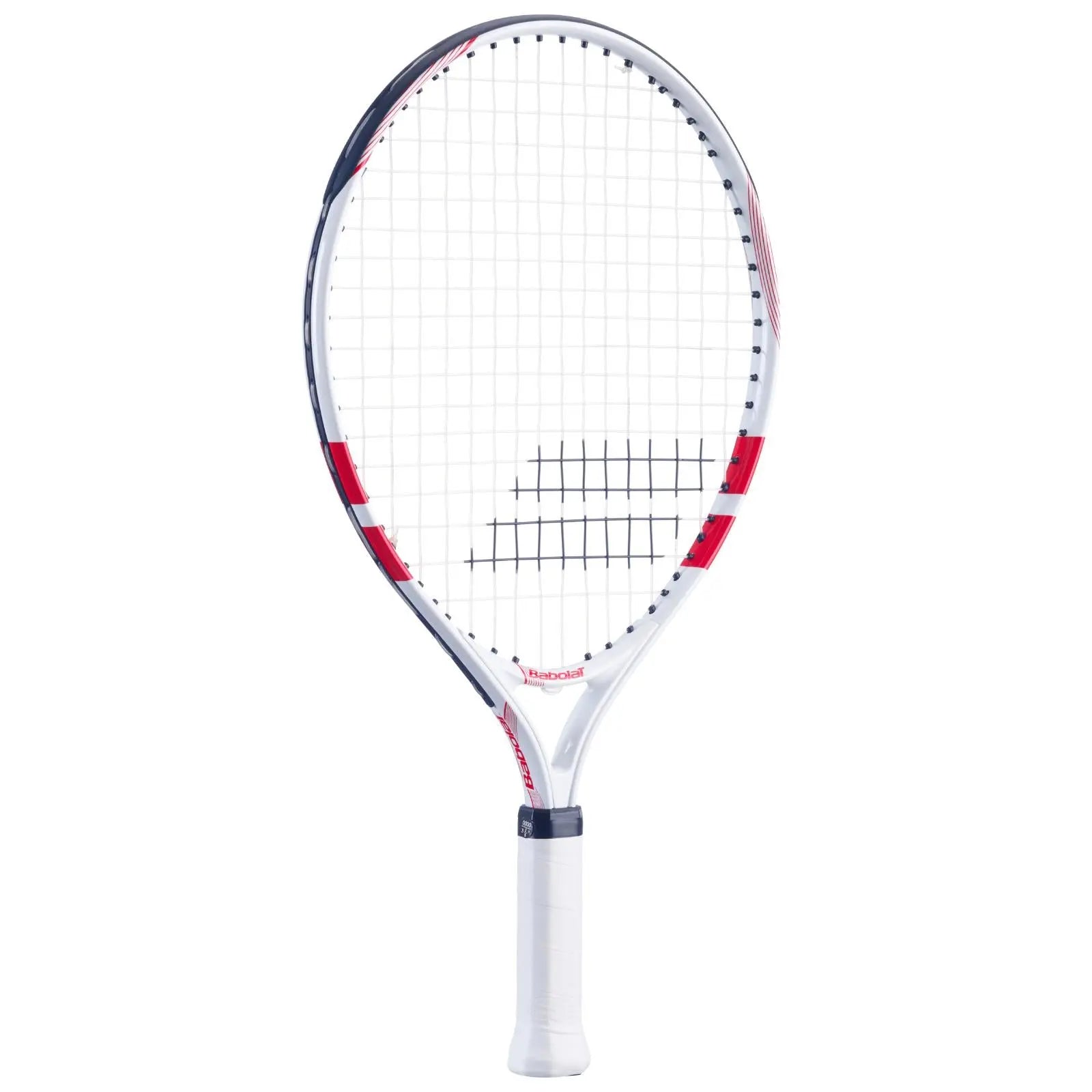 White Babolat Comet Junior 19 tennis racquet with red and blue accents, white grip.