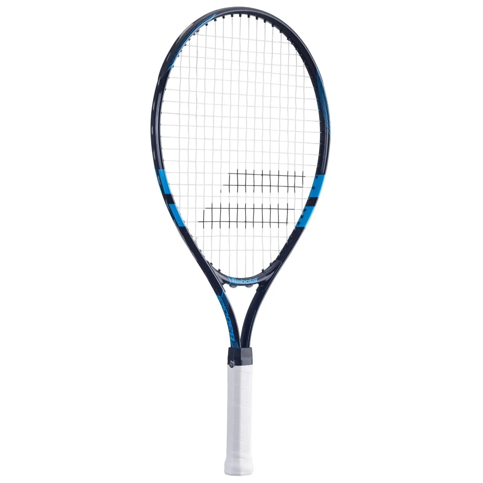 Babolat Comet Junior 23 tennis racquet, black frame with blue accents, white grip, and white strings.