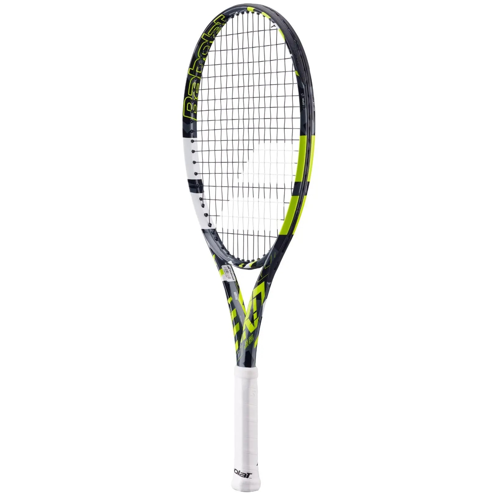 Babolat Pure Aero Junior 25 tennis racquet, black, neon yellow, and white design with white grip.