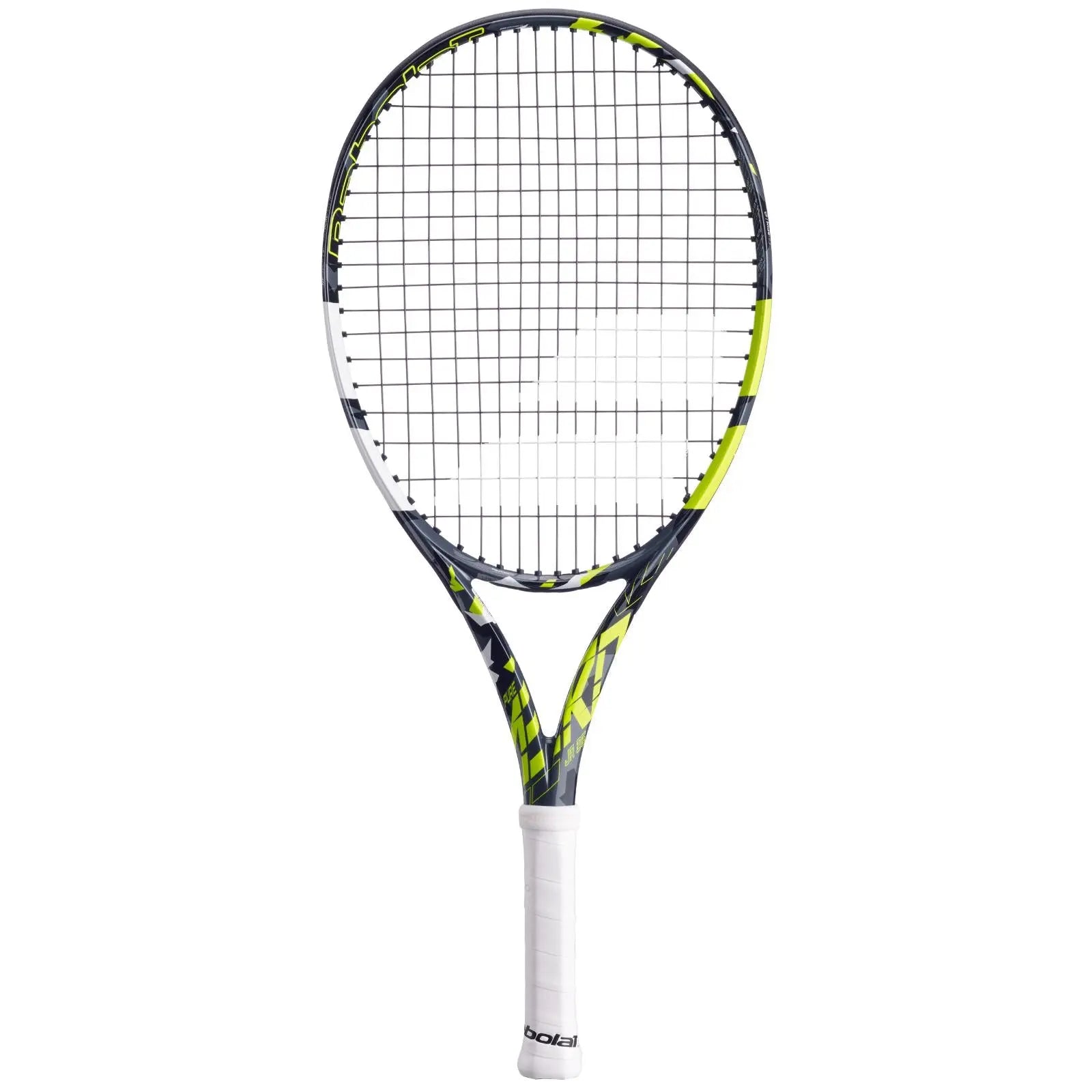 Babolat Pure Aero Junior 25 tennis racquet with black, yellow, and white design, white grip, and strung face.