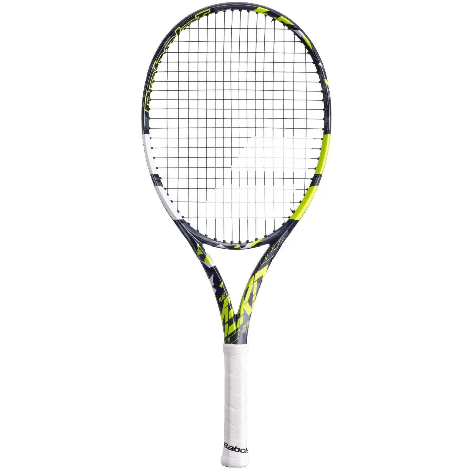 Babolat Pure Aero Junior 26 tennis racquet with a black, neon yellow, and white frame, white grip.