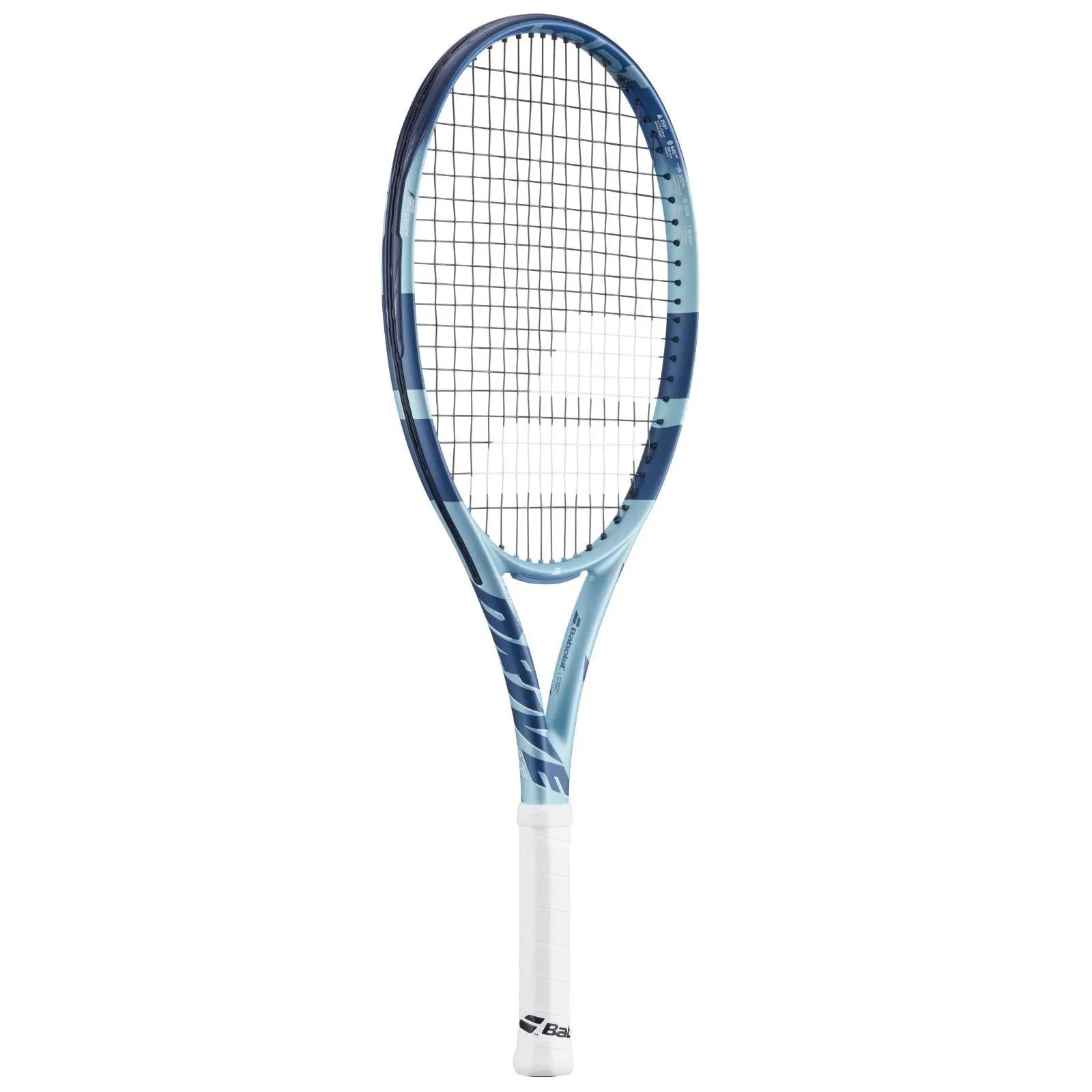 Babolat Pure Drive Jr 26 tennis racquet in lite blue with dark blue accents and white grip.