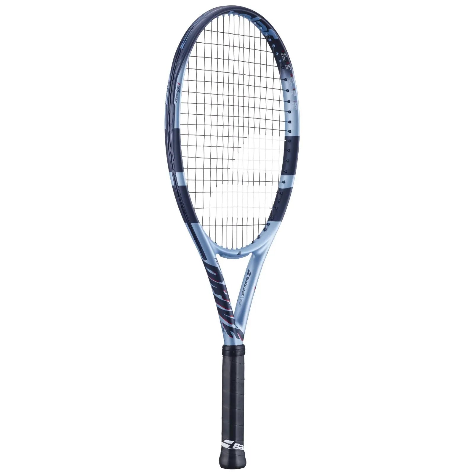 Babolat Pure Drive Junior 25 tennis racquet in light blue and dark blue with black grip.