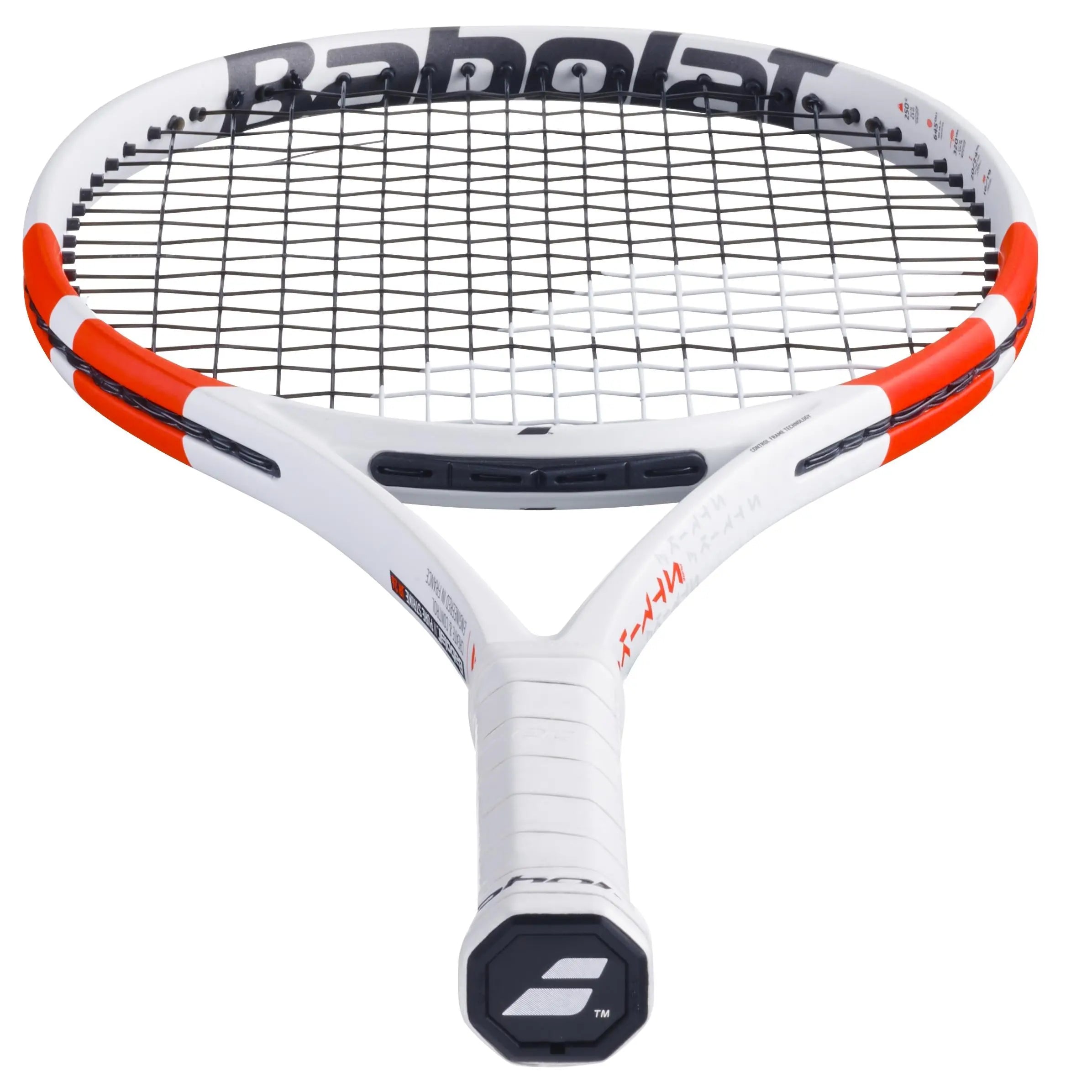 Babolat Pure Strike Jr 26 tennis racquet, white with orange accents, black strings, and a white grip.