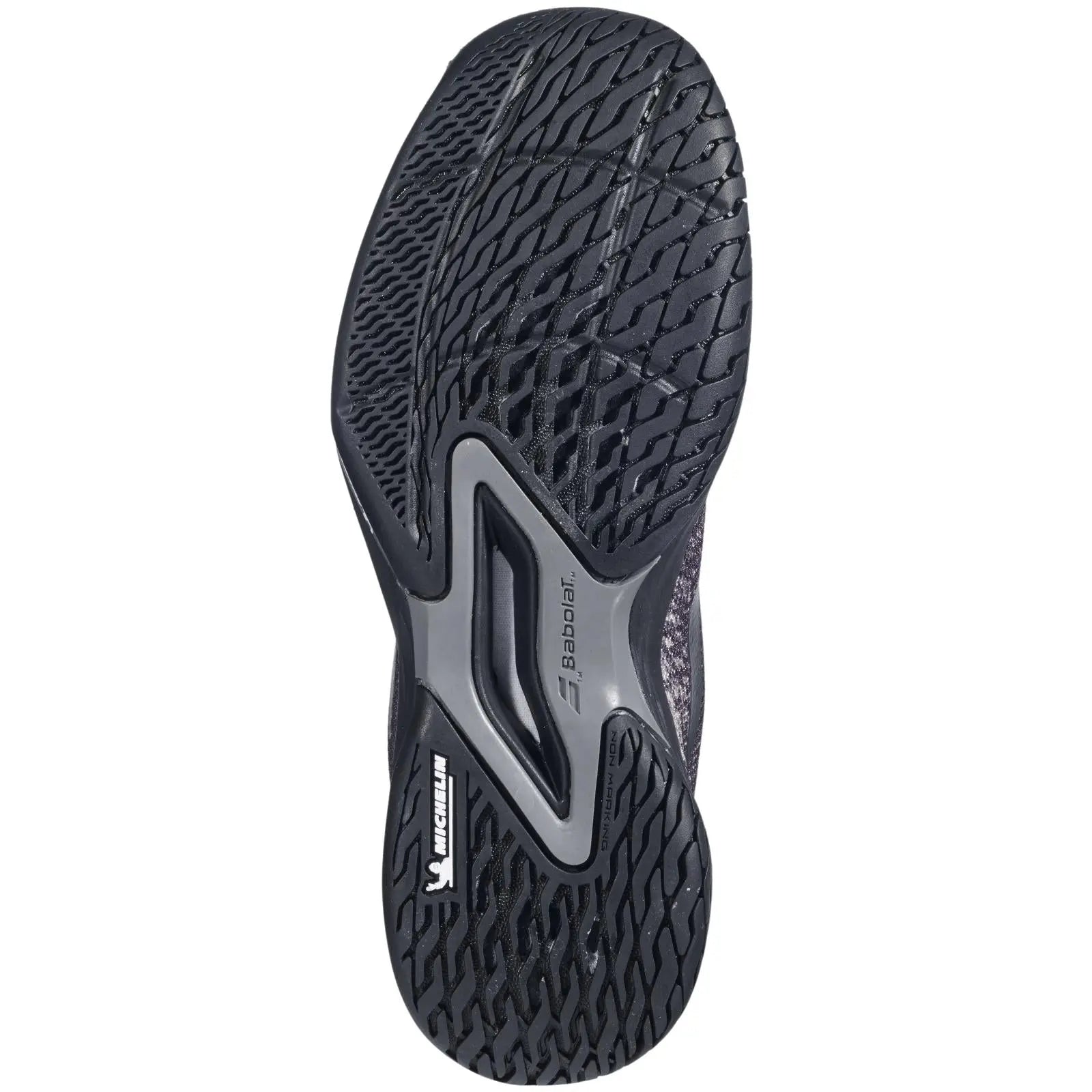 Babolat Junior Jet Mach 3 All Court tennis shoe sole, black Michelin rubber outsole with textured grip.