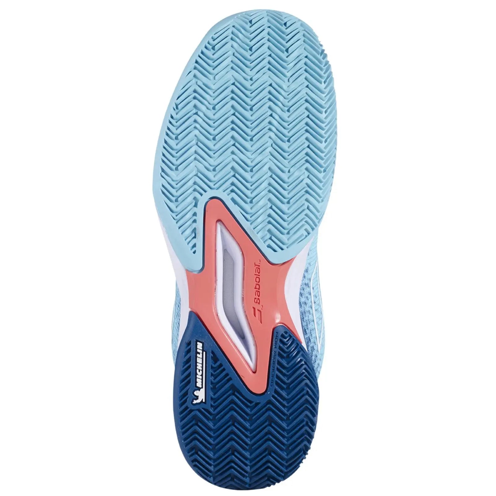 Babolat Jet Mach 3 JR junior tennis shoe sole, light blue with dark blue Michelin tread and coral accent.