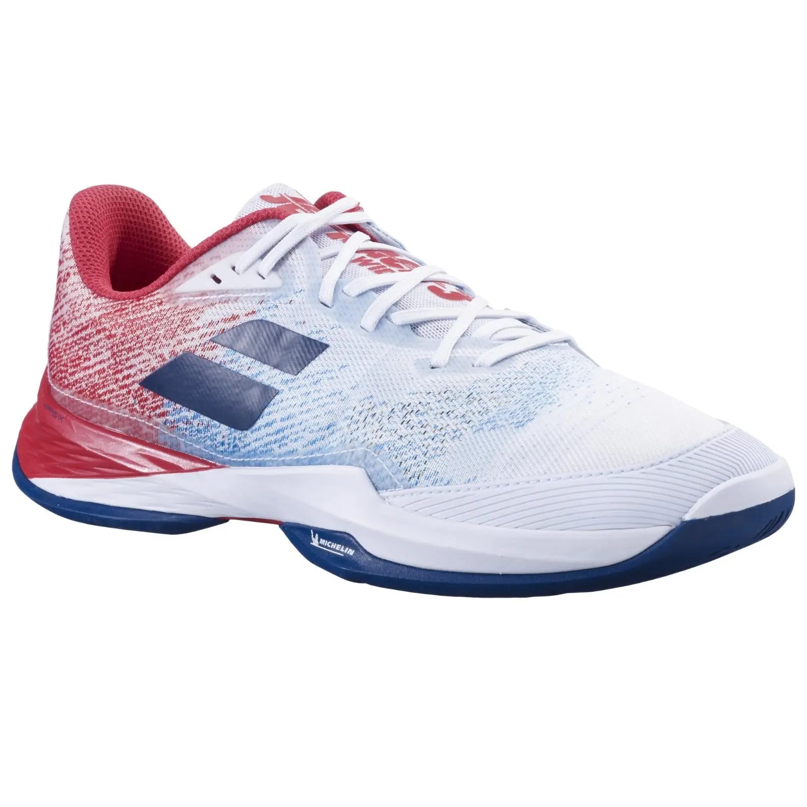 White, red, and blue Babolat Jet Mach 3 men's tennis shoe with Michelin outsole.