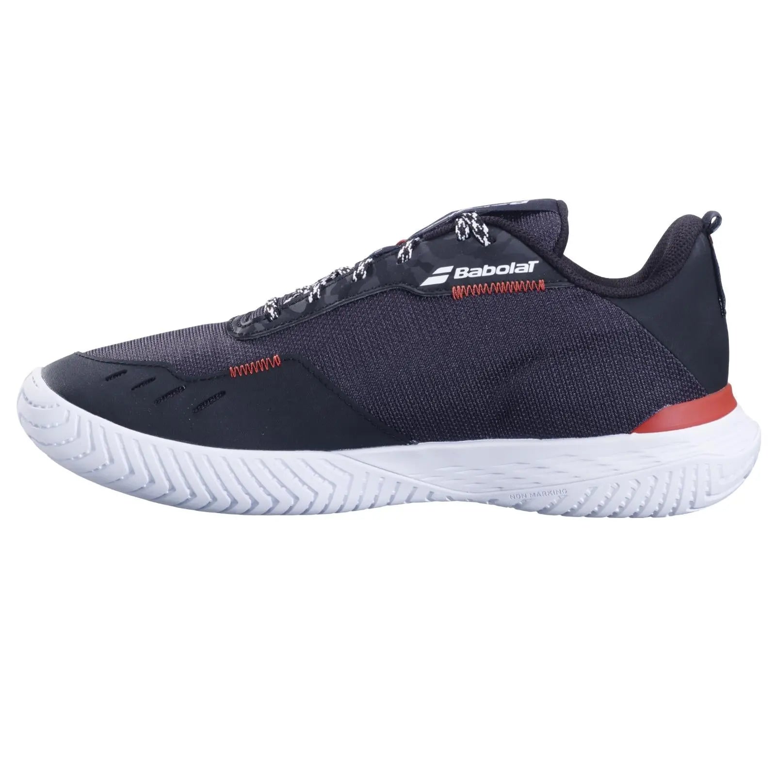 Babolat Men's SFX Evo all-court tennis shoe in black with white sole and red accents.