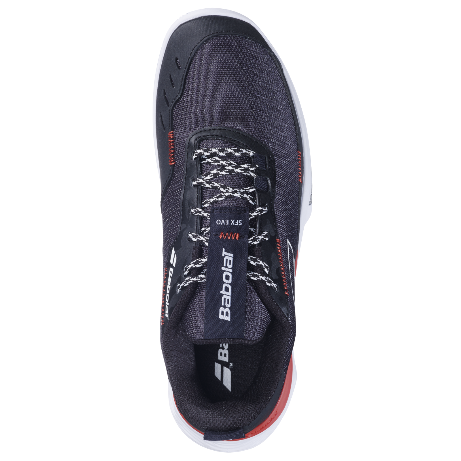 Babolat Men's SFX Evo clay court tennis shoe, dark grey mesh with white sole, red accents, and patterned laces.