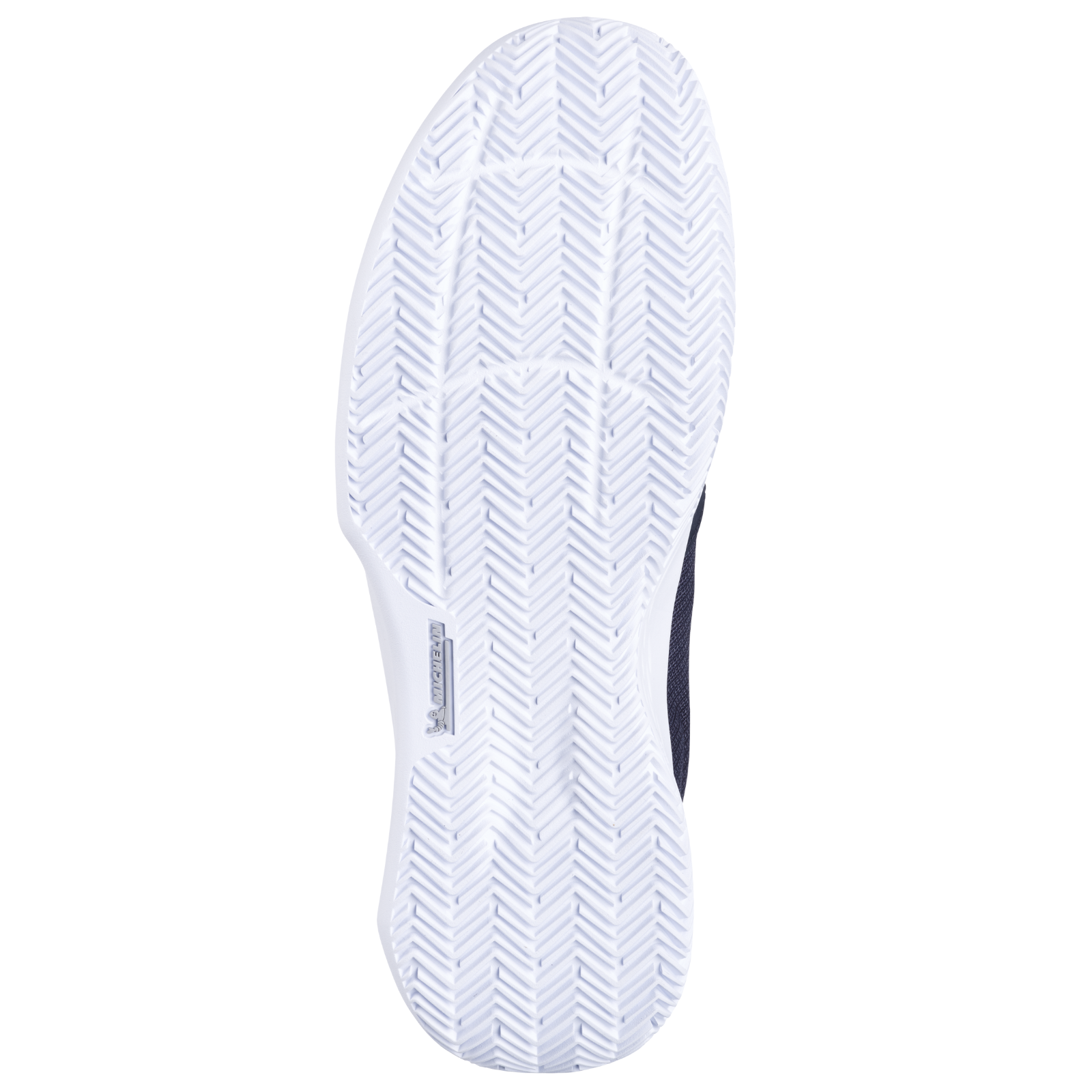 White Michelin rubber outsole of a Babolat SFX Evo clay court tennis shoe, showing herringbone tread.