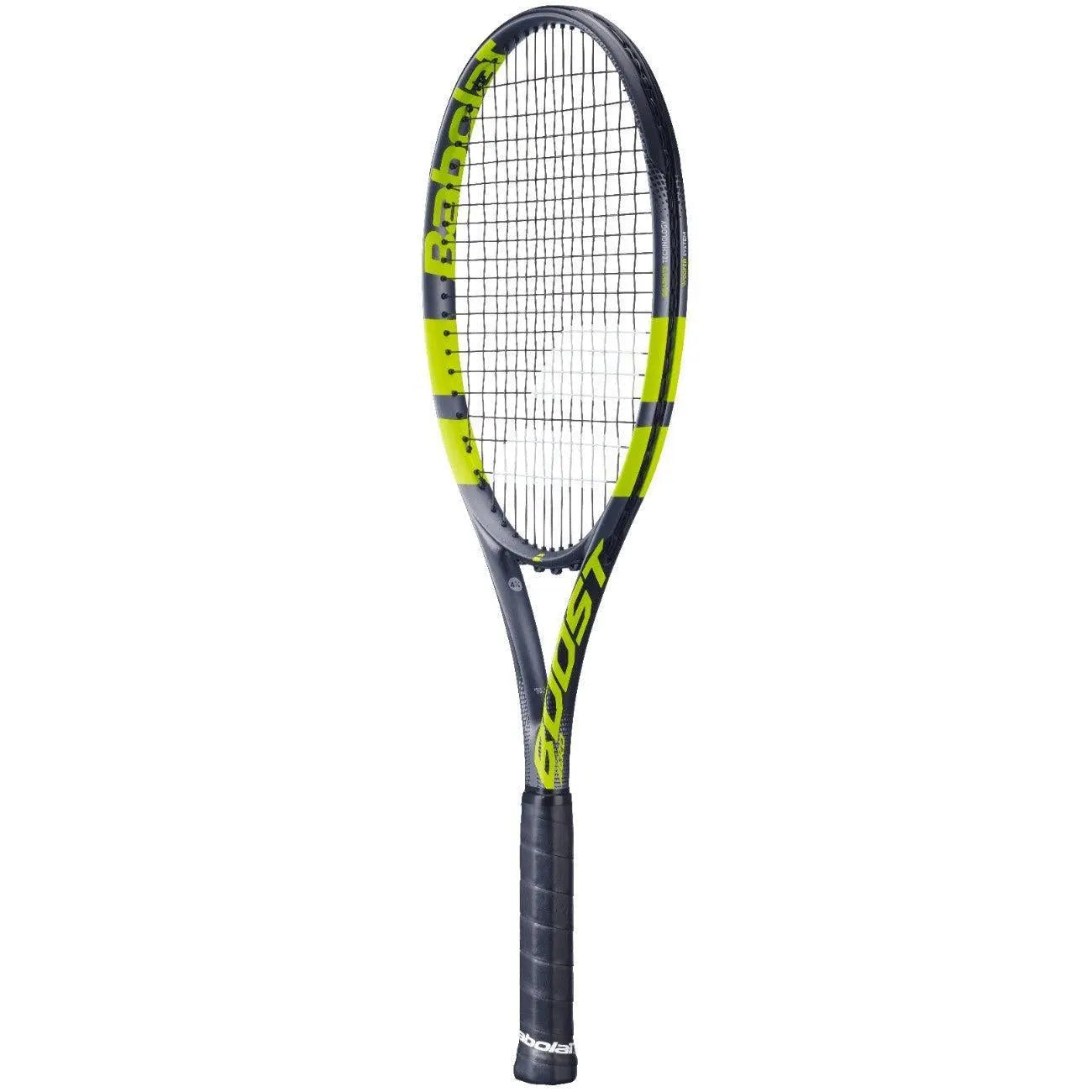 Babolat Boost Aero tennis racquet, black and neon yellow graphite frame, 260g, with black grip.