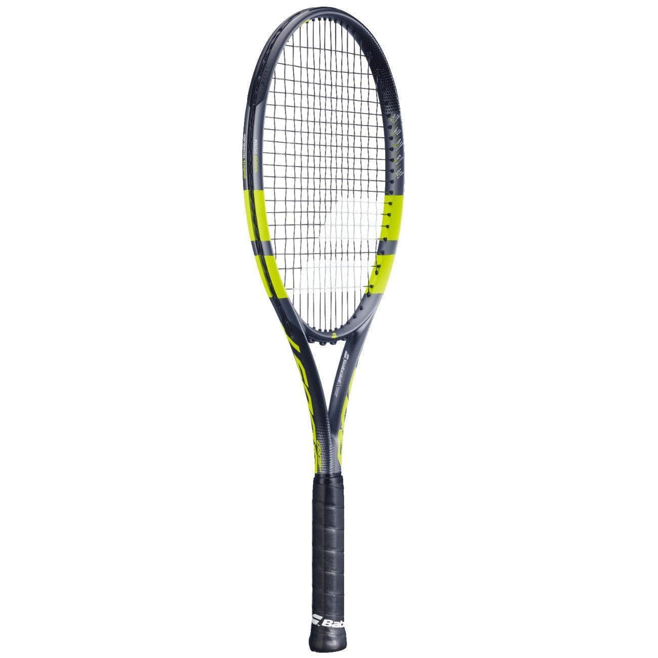 Babolat Boost Aero tennis racquet, black and yellow graphite frame, 260g, with black grip.