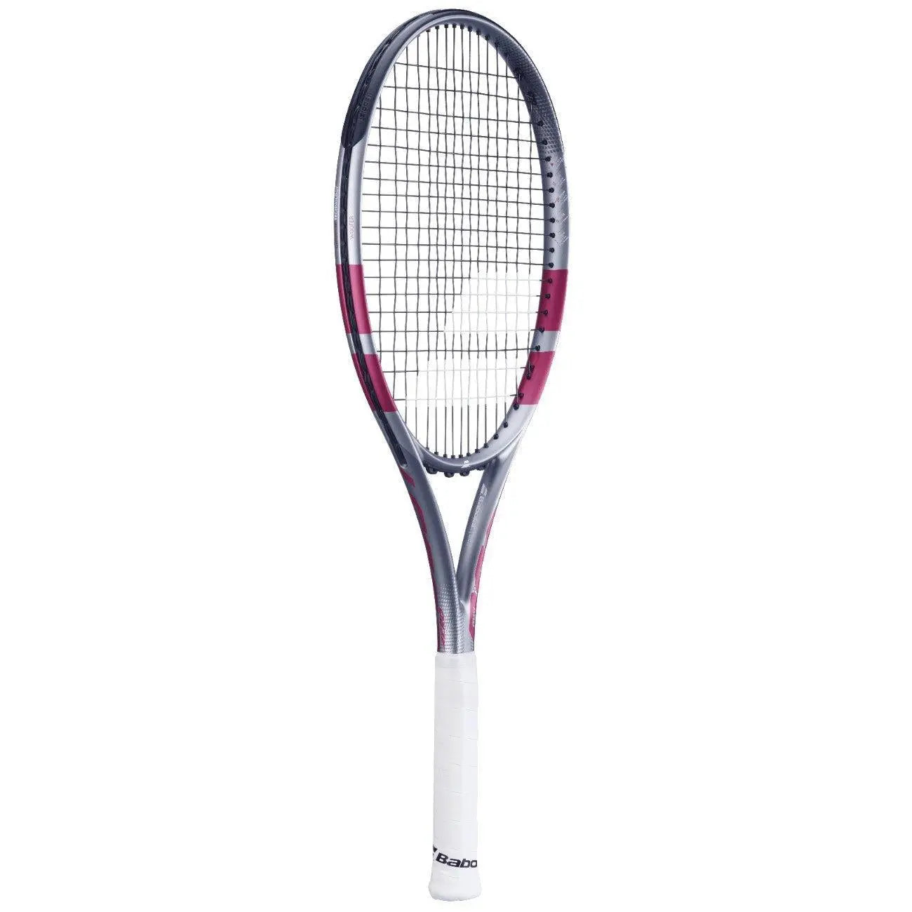 Babolat Boost Aero Pink tennis racquet with a white grip, black strings, and a sleek aerodynamic frame.