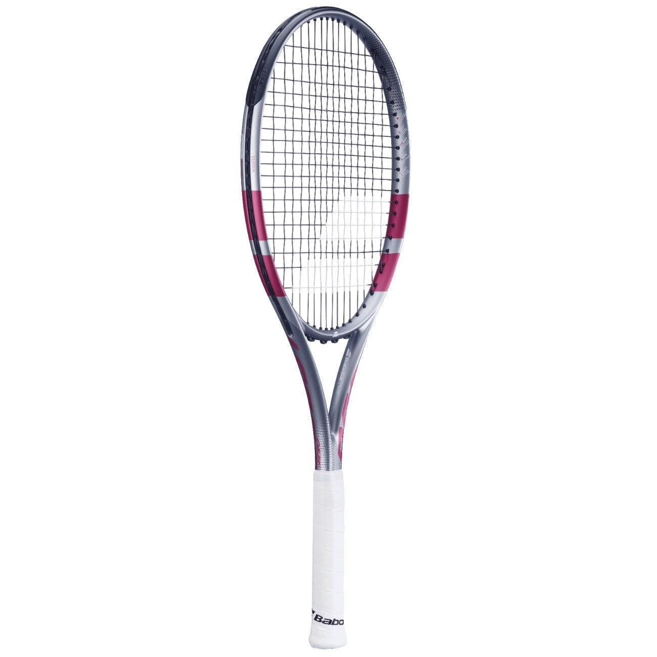 Babolat Boost Aero Pink tennis racquet with a white grip, black strings, and a sleek aerodynamic frame.