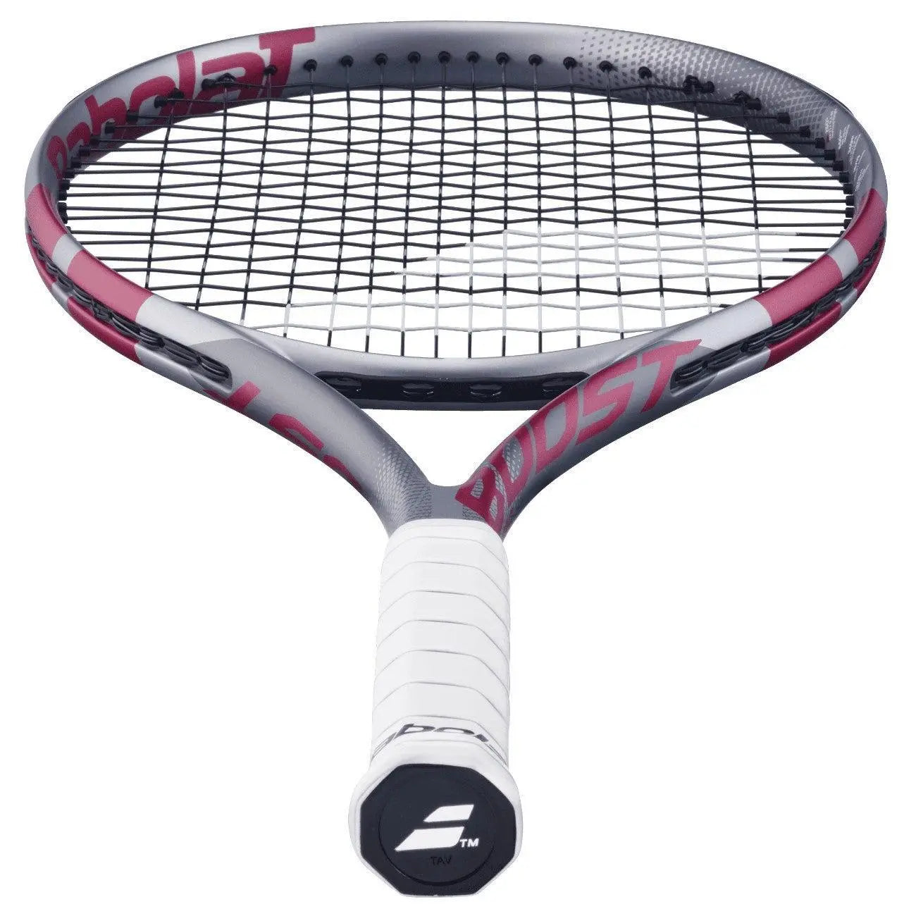 Babolat Boost Aero Pink tennis racquet with gray frame, pink accents, and white grip.