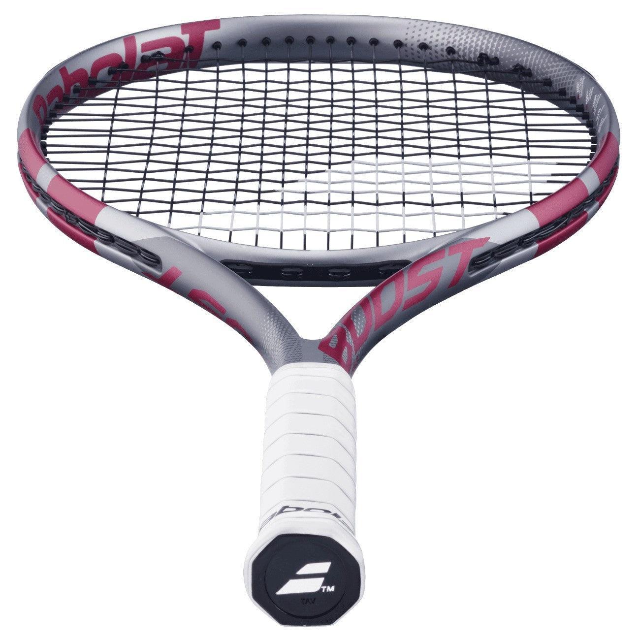 Babolat Boost Aero Pink tennis racquet with gray frame, pink accents, and white grip.