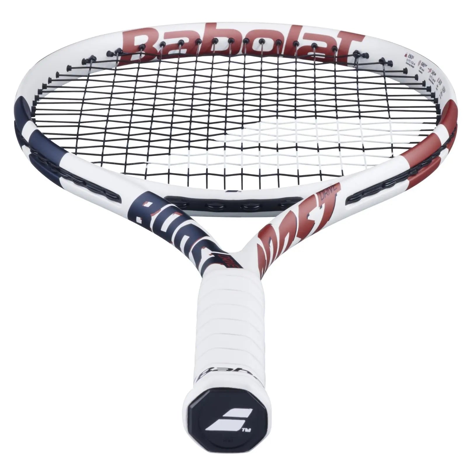 Babolat Boost Drive White tennis racquet with red and blue accents, black strings, and a white grip.