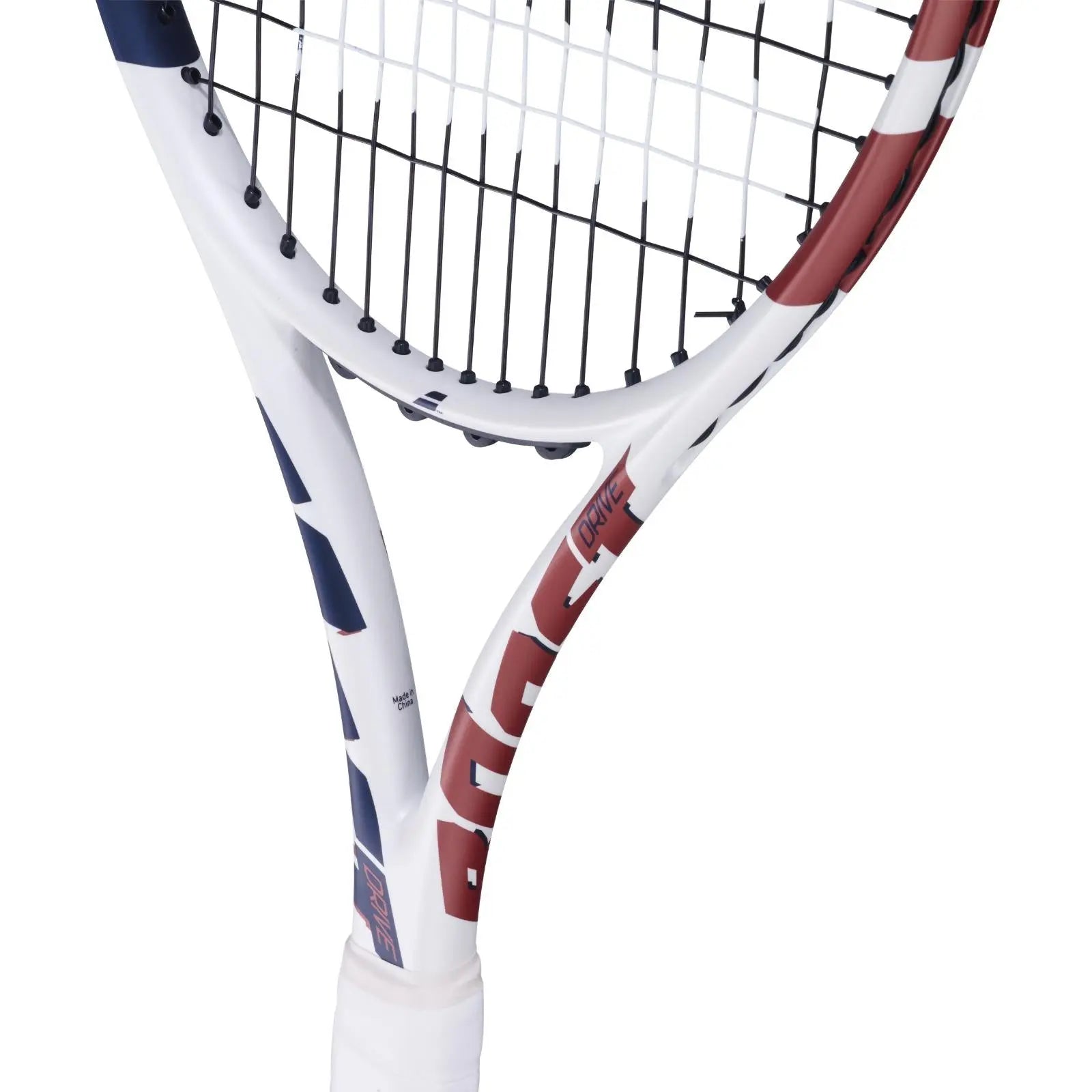 Close-up of a white Babolat Boost Drive tennis racquet with blue and red accents, showing the frame and strings.