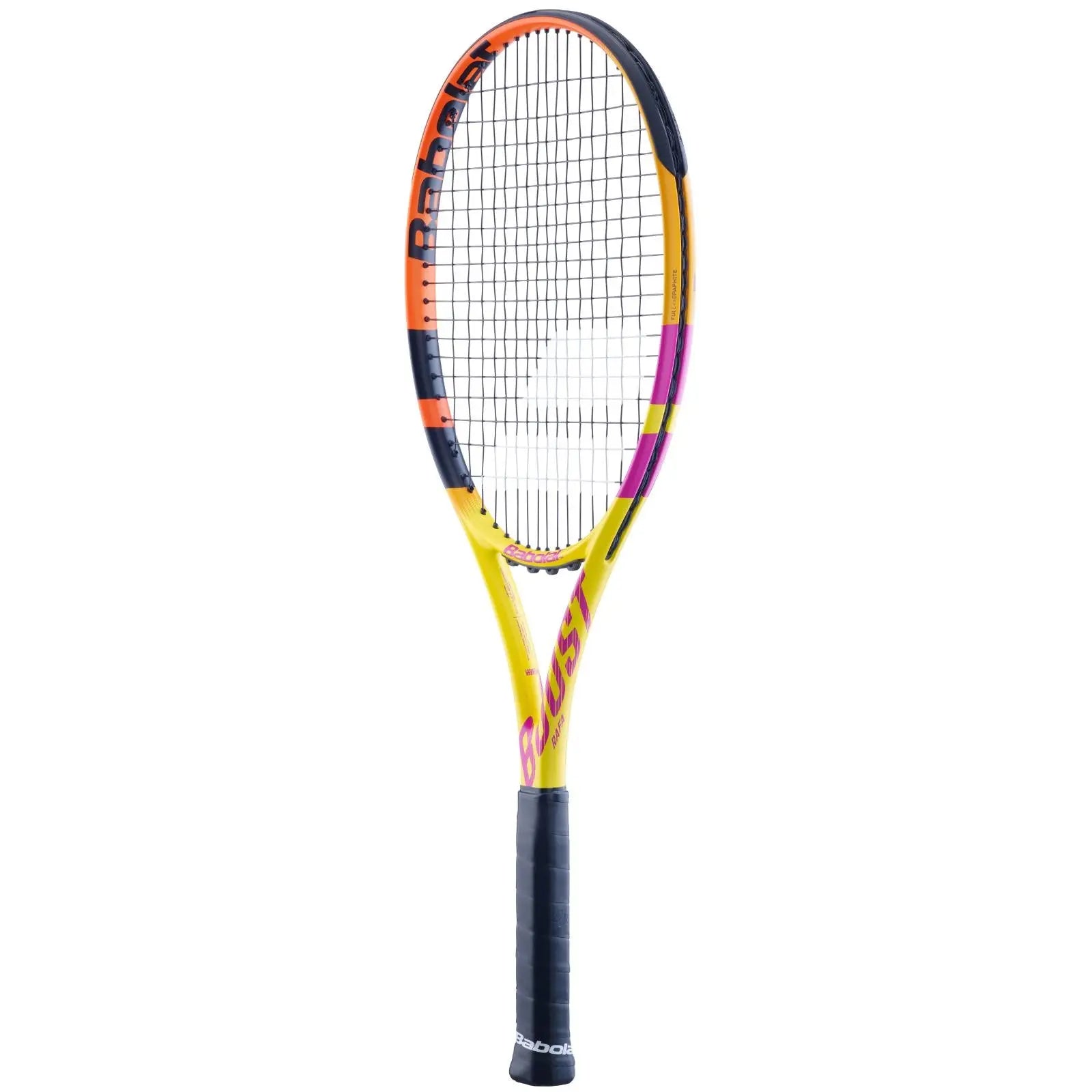 Babolat Boost Rafa tennis racquet, yellow, orange, and purple with black grip.
