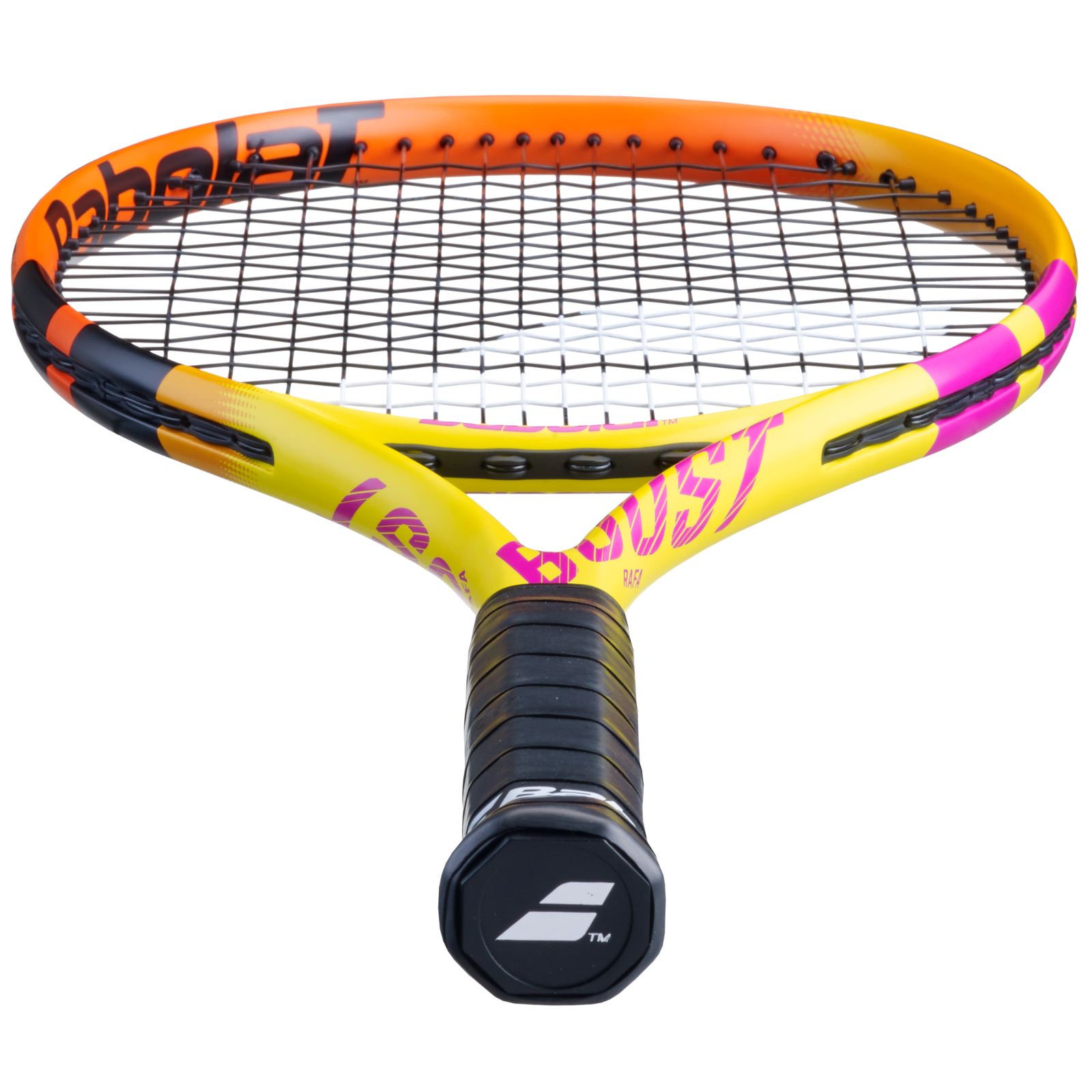 Babolat Boost Rafa tennis racquet with vibrant orange, yellow, and pink gradient frame, black grip.