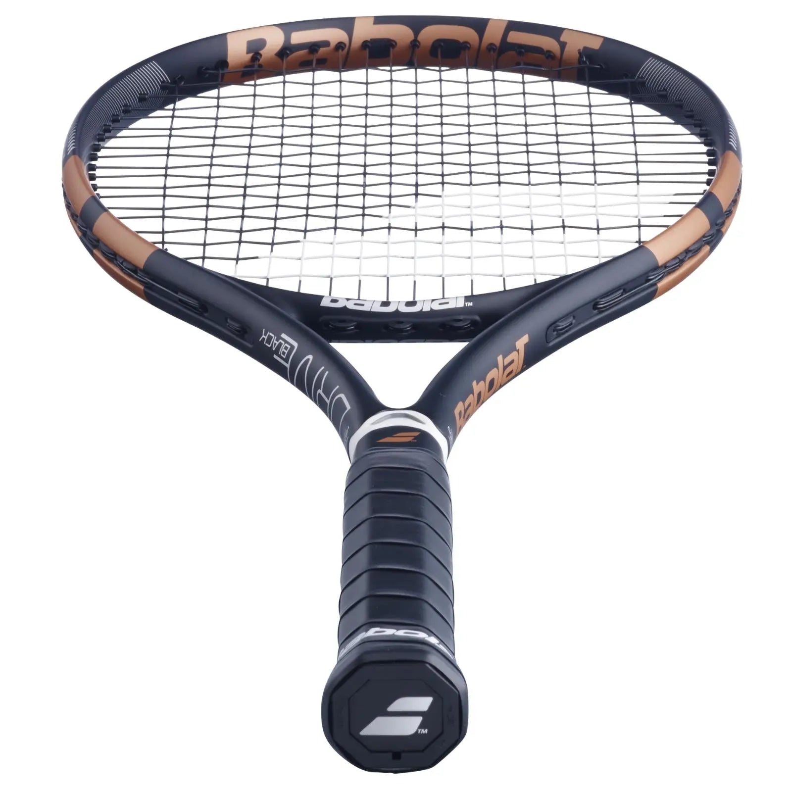 Babolat Drive Black (2024) tennis racquet with copper accents, black grip, and white strings.