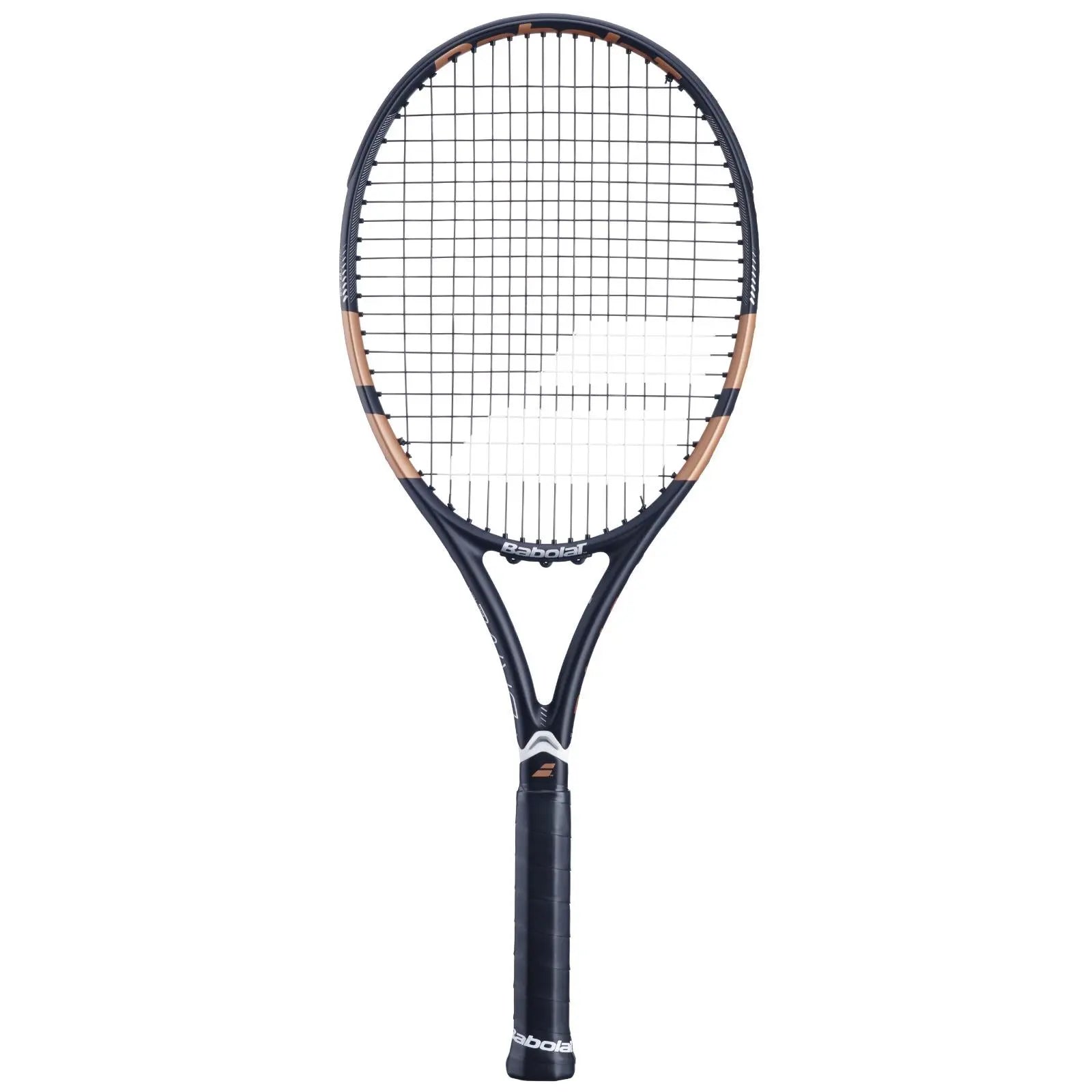 Babolat Drive Black (2024) tennis racquet with copper accents and black grip, 295g.