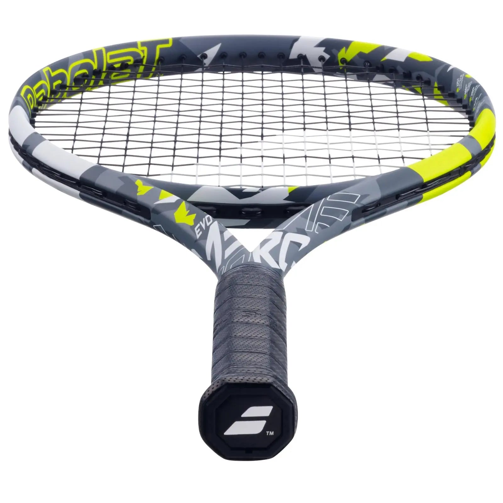 Babolat Evo Aero tennis racquet in grey, yellow, and white with a black grip.
