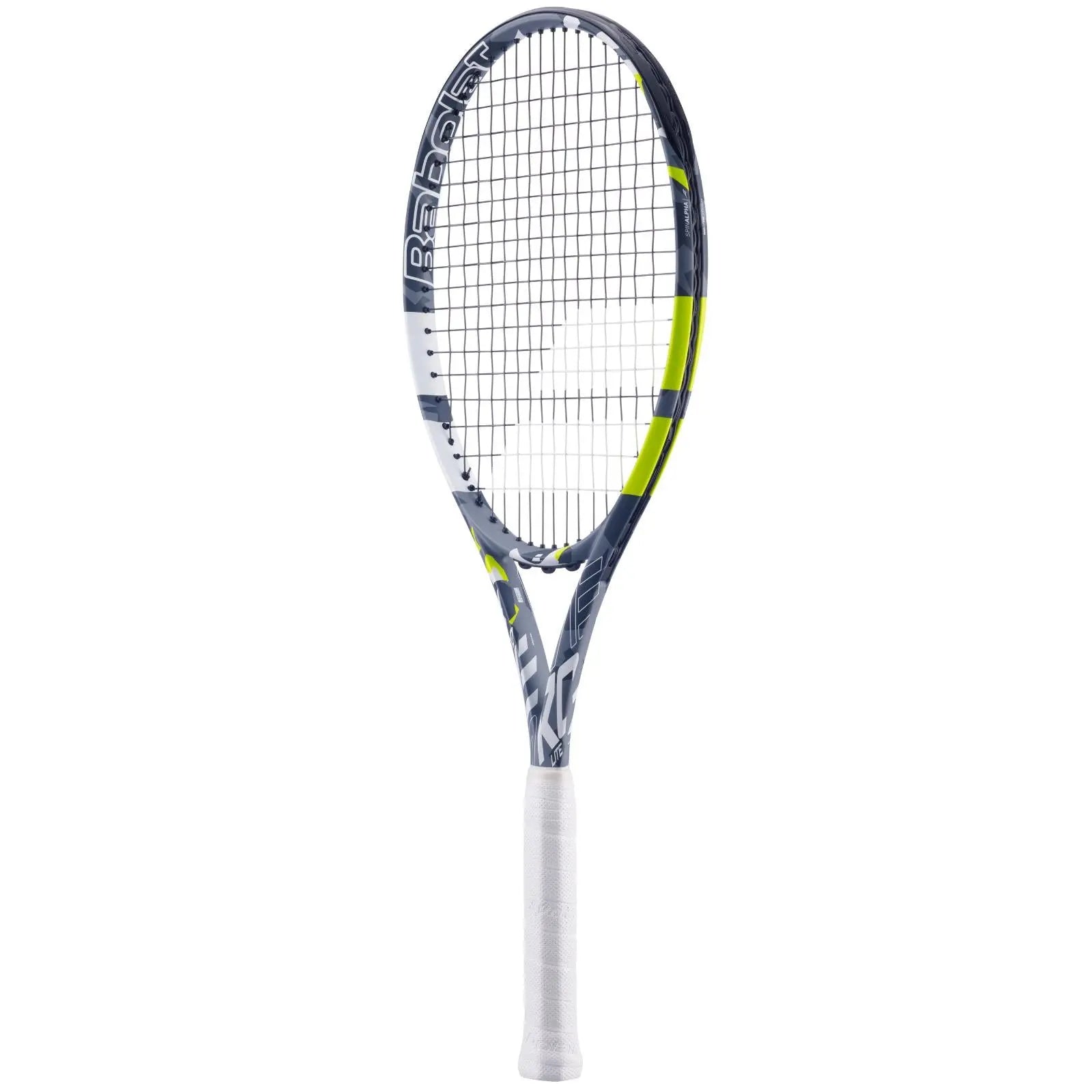 Babolat Evo Aero Lite tennis racquet in grey and yellow with a white grip.