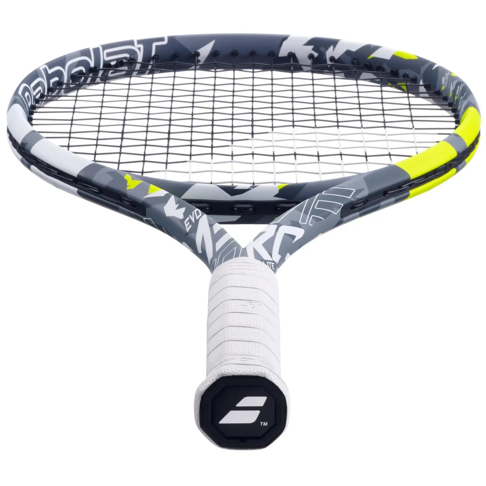 Babolat Evo Aero Lite tennis racquet in grey, yellow, and white with a white grip.