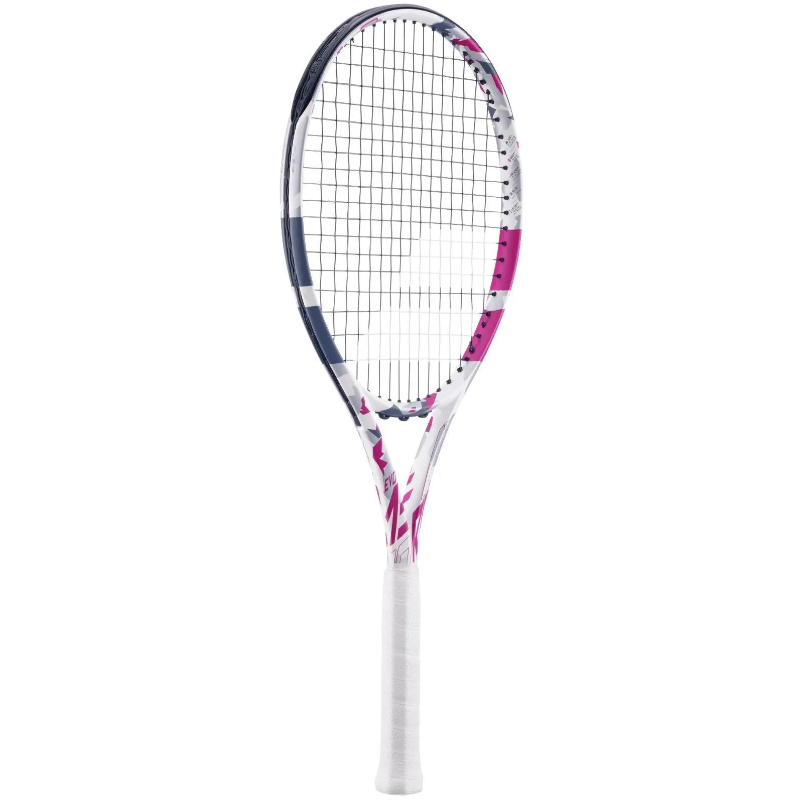 Babolat Evo Aero tennis racquet in white and pink with a white grip, black strings, and a sleek design.