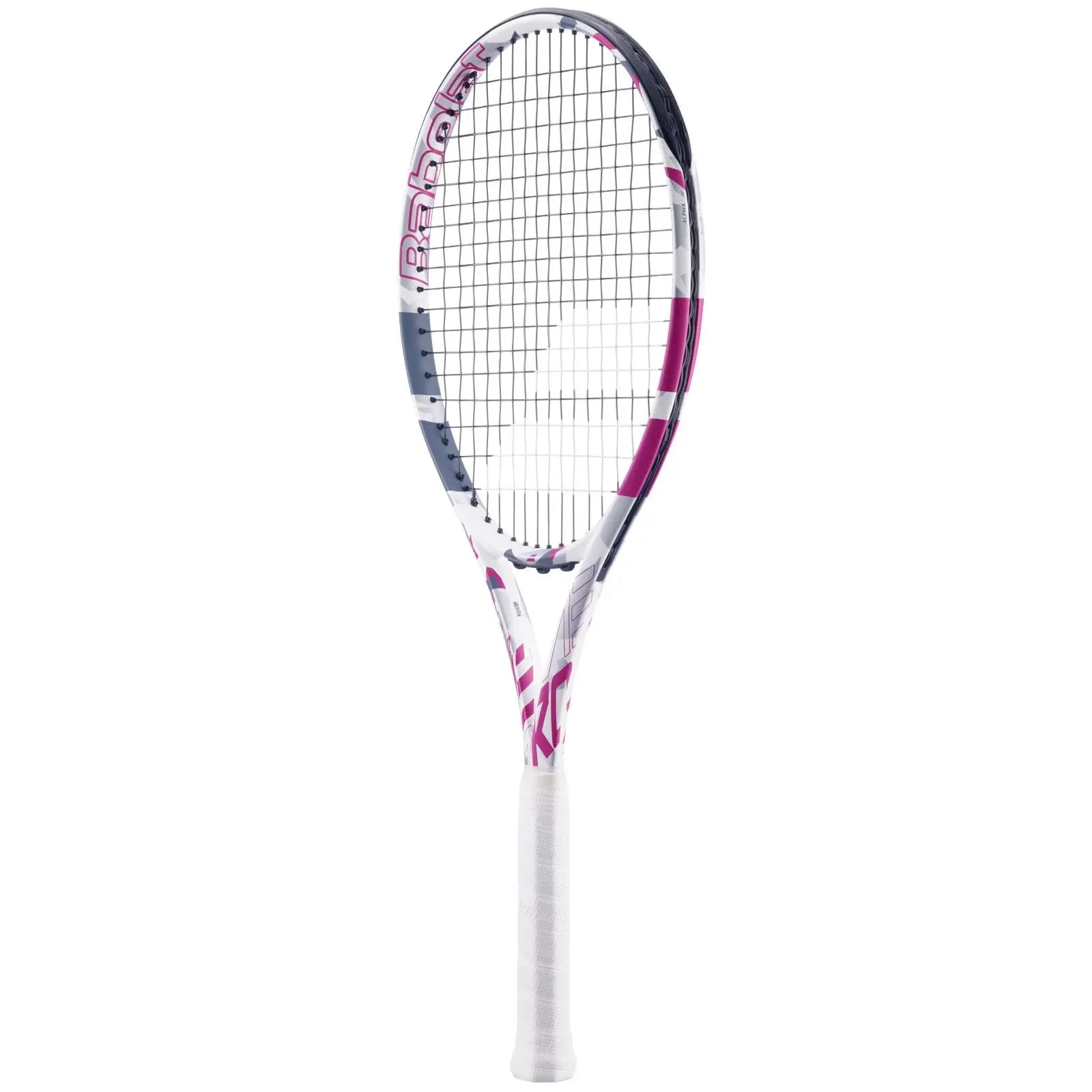 Babolat Evo Aero tennis racquet in white, pink, and grey with a white grip.