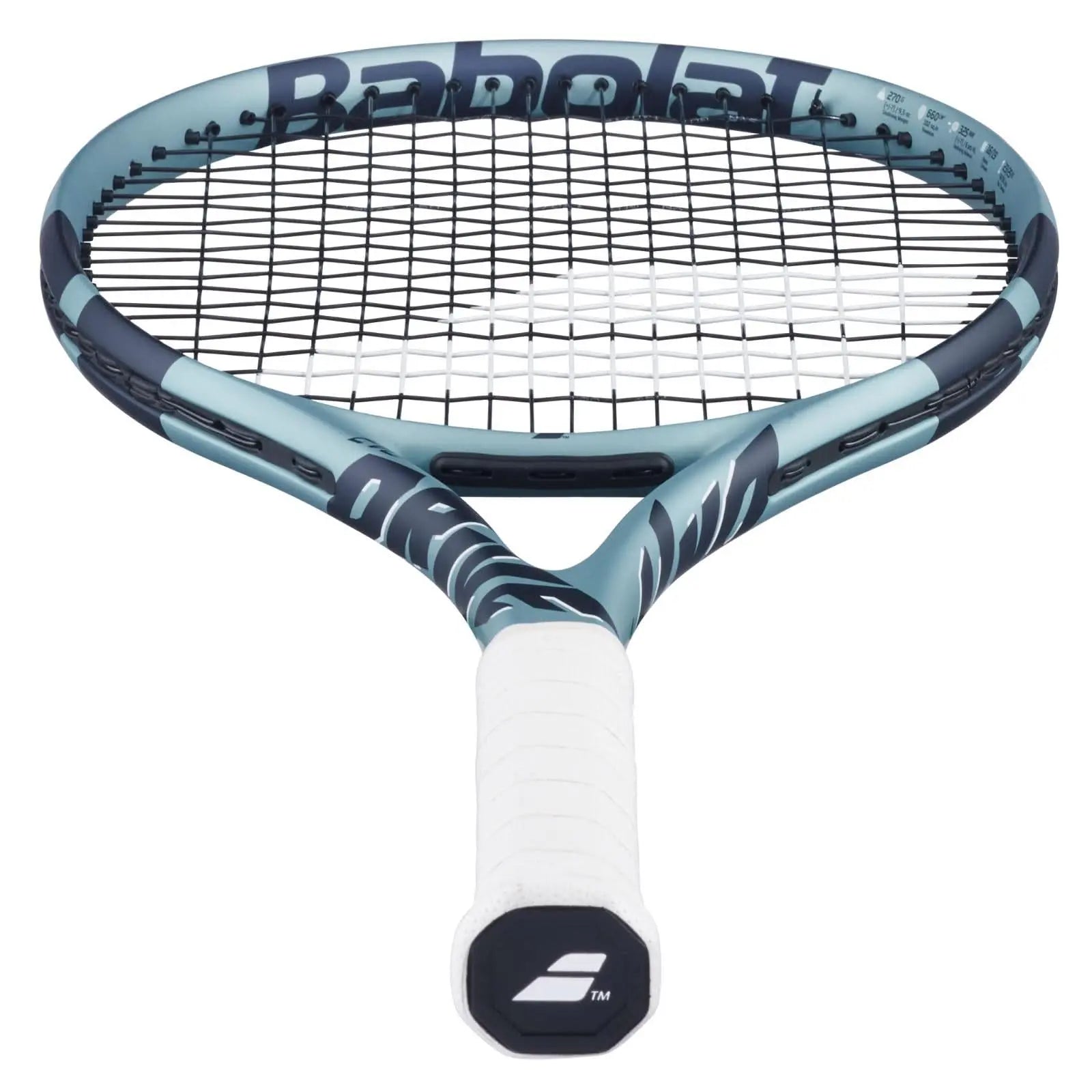 Babolat Evo Drive Gen2 (270g) tennis racquet in light blue and dark grey with a white grip.