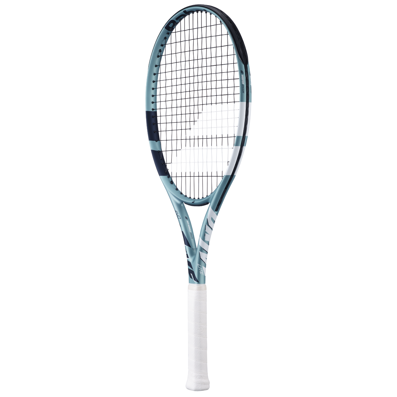 Babolat Evo Drive Lite Gen2 tennis racquet in blue with white grip and black strings.