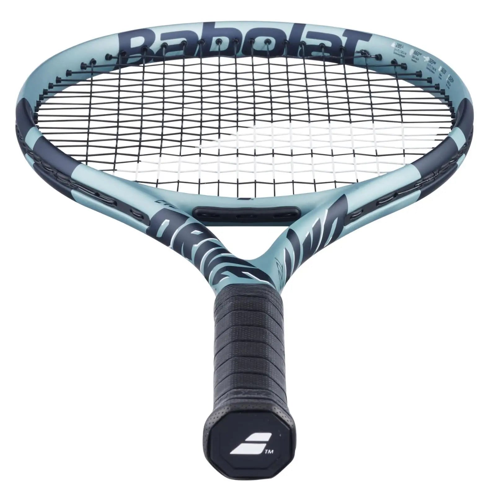 Babolat Evo Drive Tour Gen2 tennis racquet, light blue with dark blue accents, black grip, and strings.