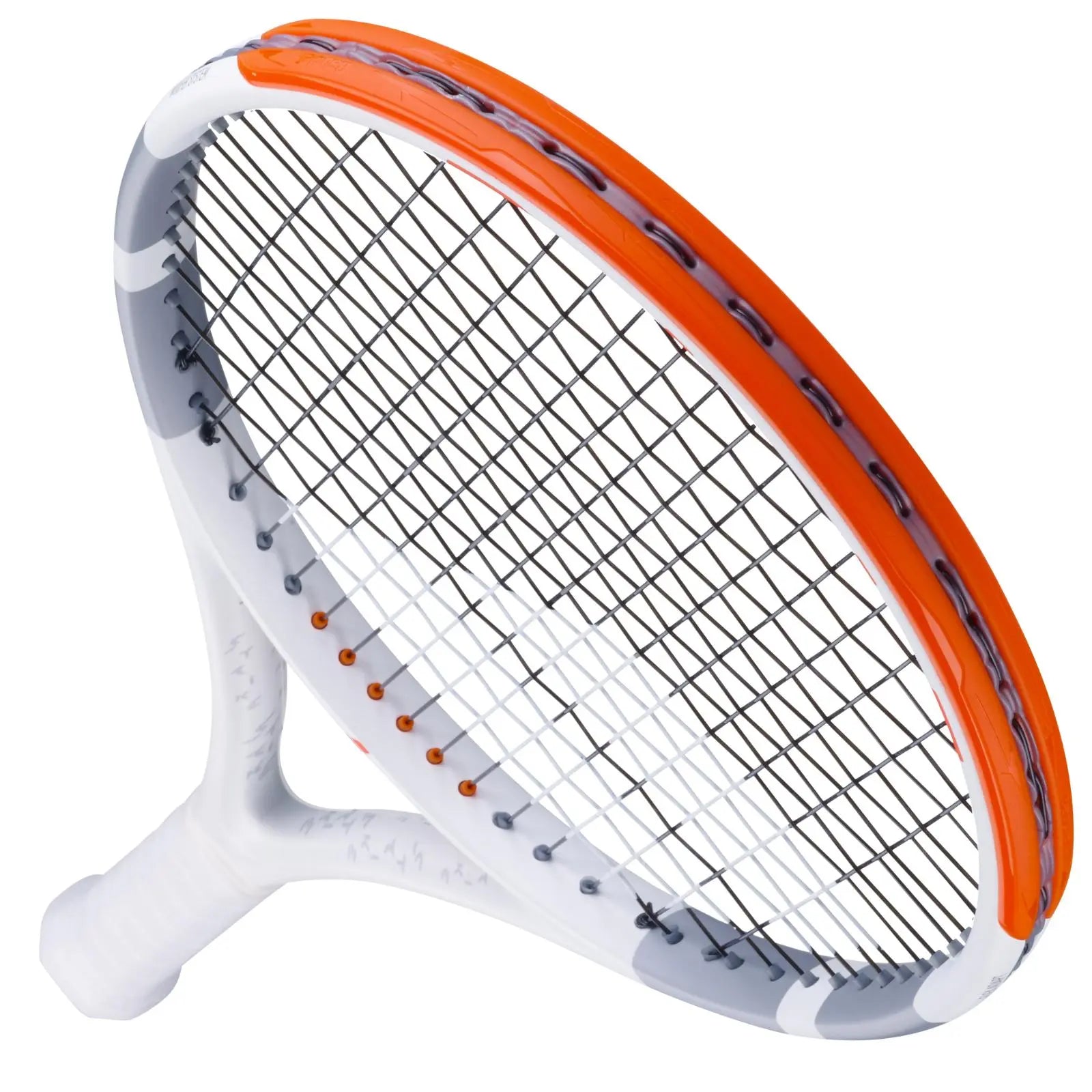 Babolat Evo Strike tennis racquet, white frame with orange and grey accents, black strings.