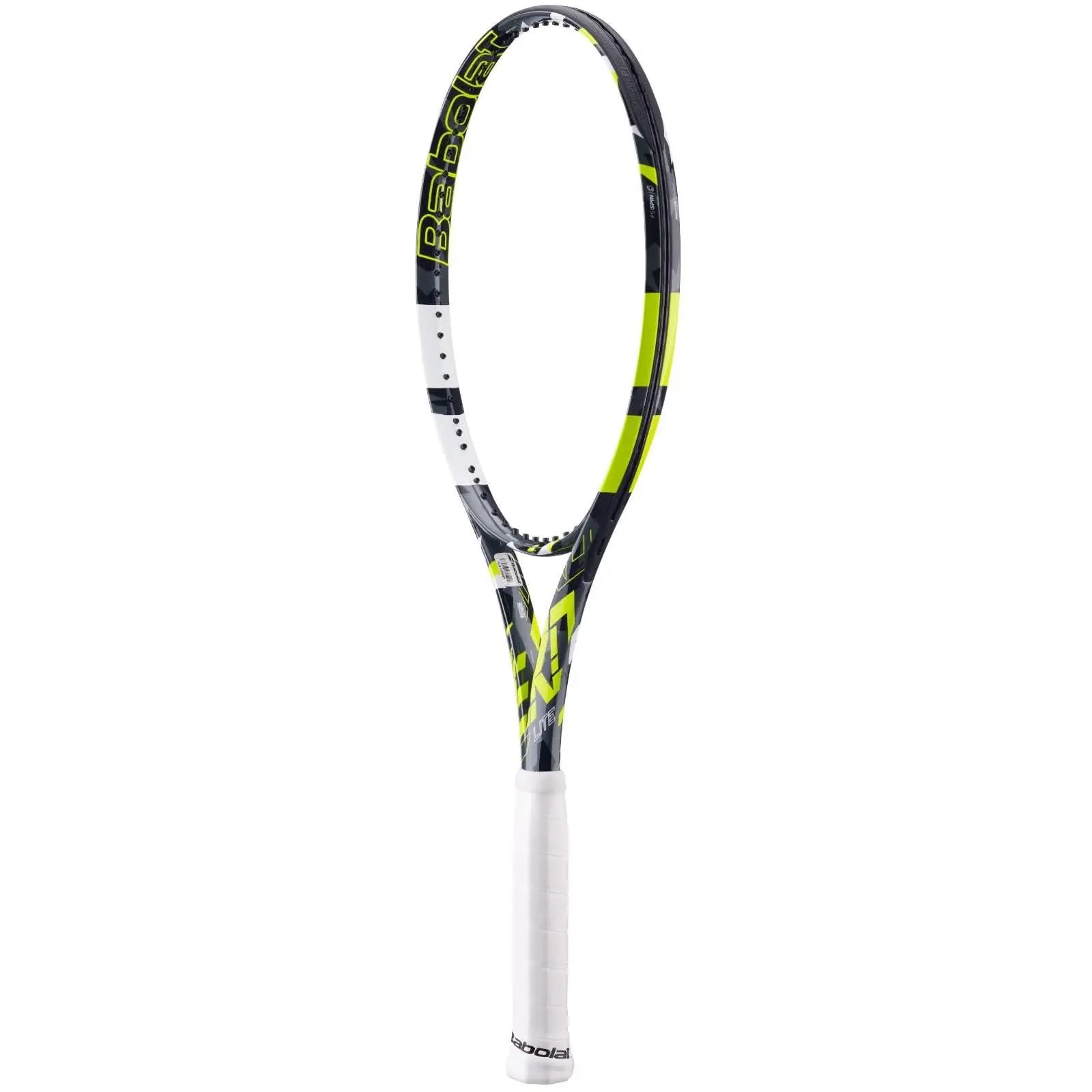 Babolat Pure Aero Lite tennis racquet, black with neon yellow and white accents, white grip.
