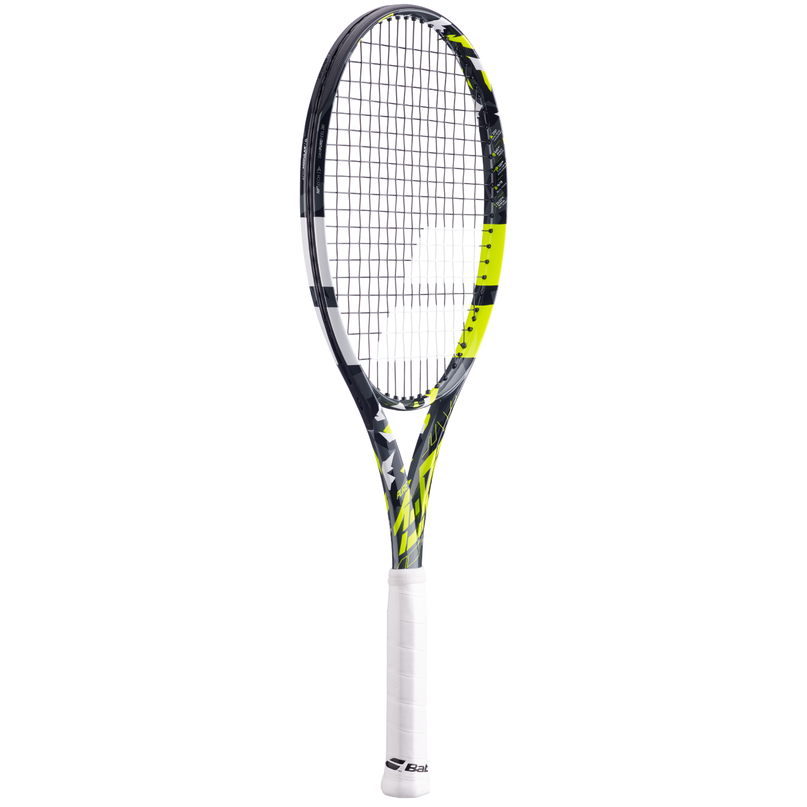 Babolat Pure Aero Lite tennis racquet, black, yellow, and white design, with a white grip.