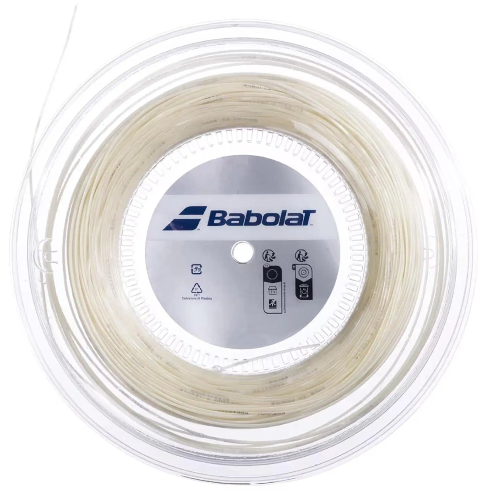 Babolat Addixion + 200M tennis string in natural, coiled inside a clear plastic reel.