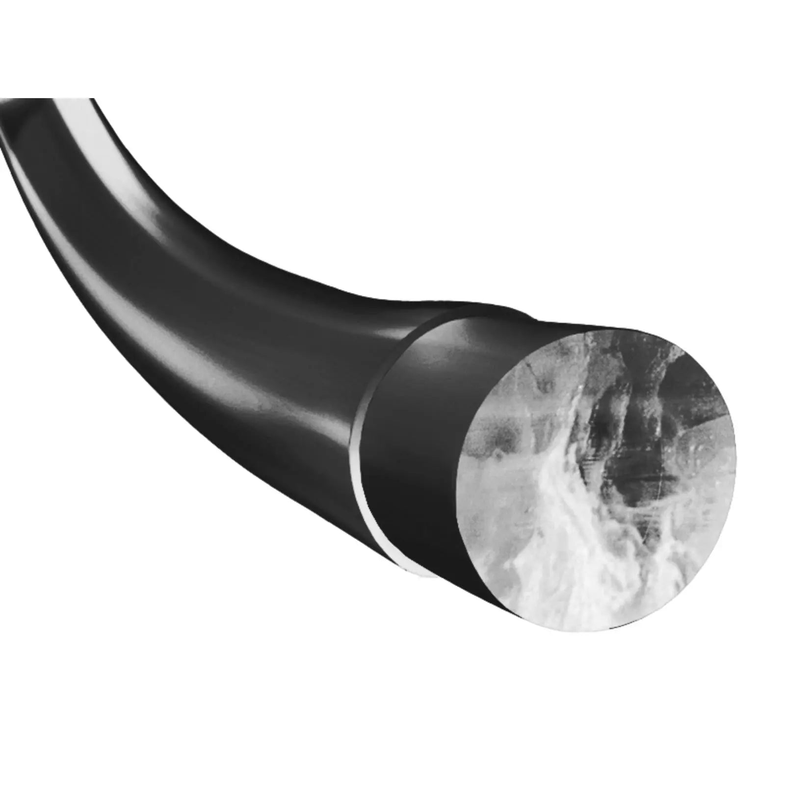 Close-up of black Babolat Touch VS natural gut tennis string, showing its smooth exterior and textured core.
