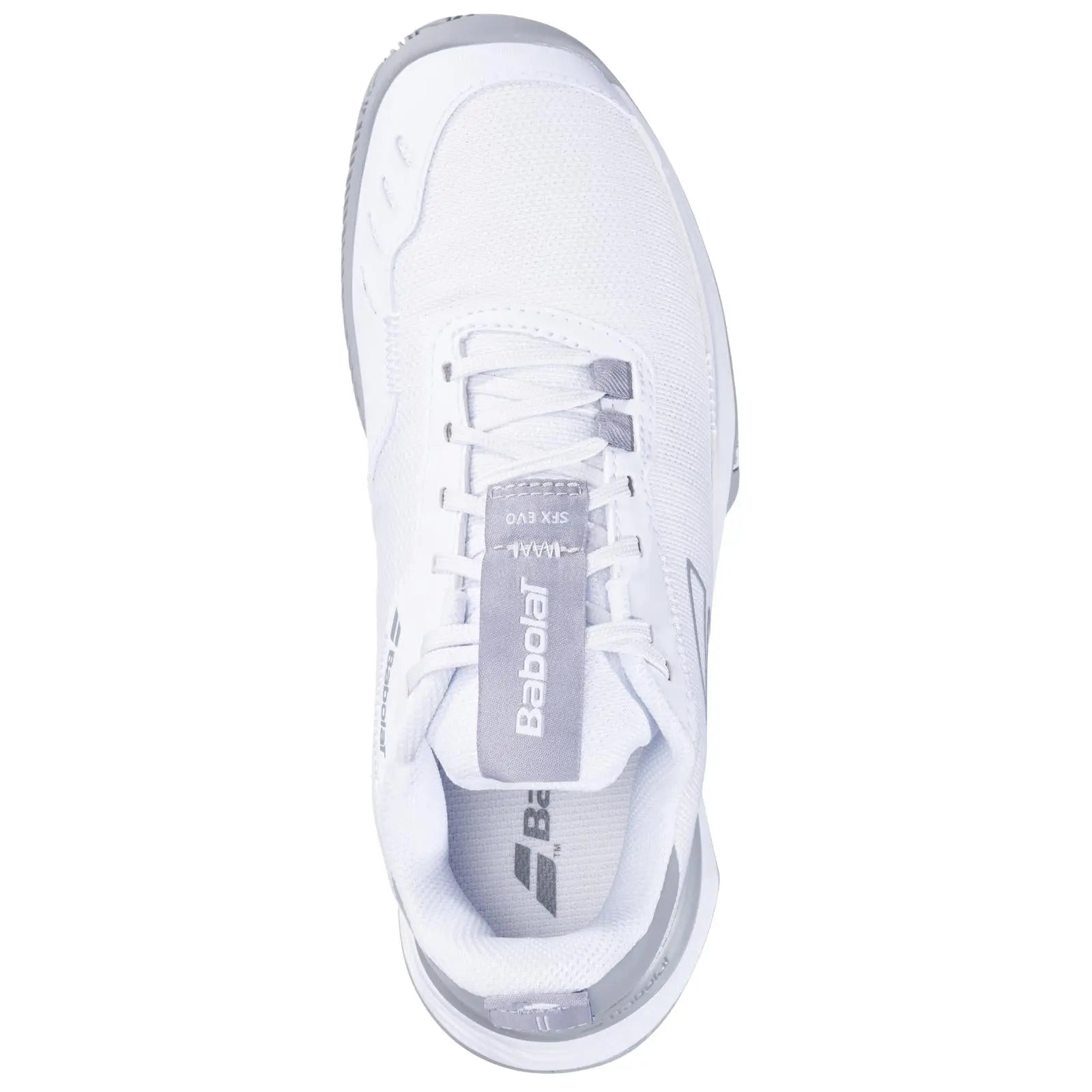 White Babolat SFX Evo women's clay court tennis shoe with grey accents and mesh upper.